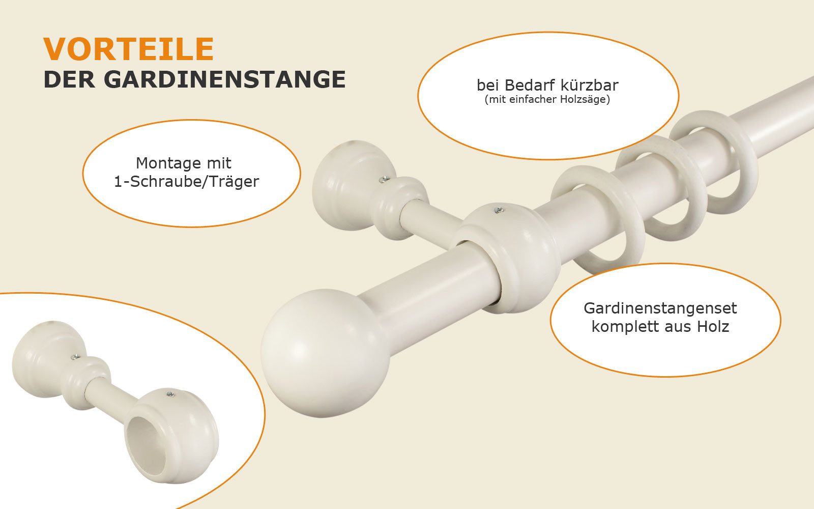 iso-design Gardinenstange 28 mm Holz weiß lackiert Endstück Kugel, Ø 28 mm, günstig online kaufen