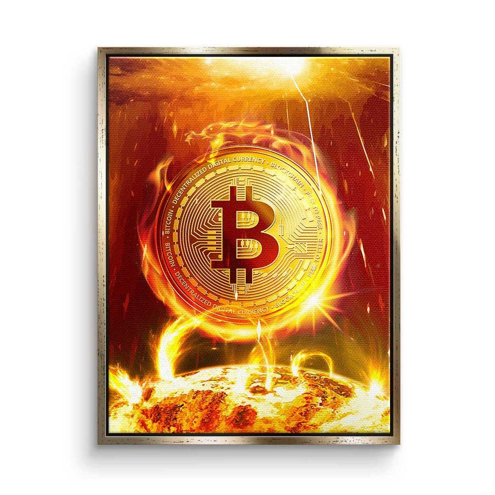 DOTCOMCANVAS® Leinwandbild Bitcoin on Fire, Premium Leinwandbild - Crypto - Bitcoin on Fire - Trading - Motivatio goldener Rahmen
