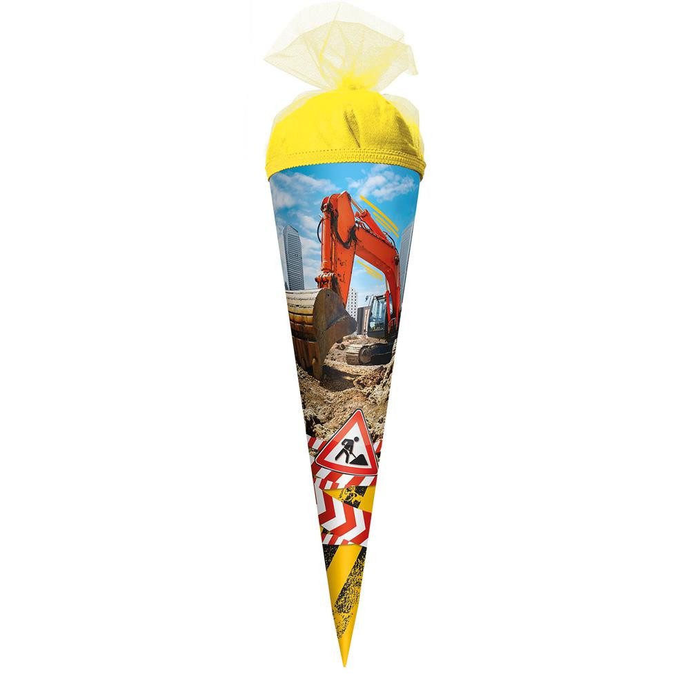 Roth Schultüte Achtung Bagger, 50cm, rund, mit gelbem Tüllverschluss große Zuckertüte, Baggermotiv, gelber Tüll, Geschenkformat, runde Form, Schulstart