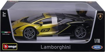 Bburago Modellauto Lamborghini Sian FKP 37 (gelb-schwarz), Maßstab 1:18, Originalgetreue Innenausstattung