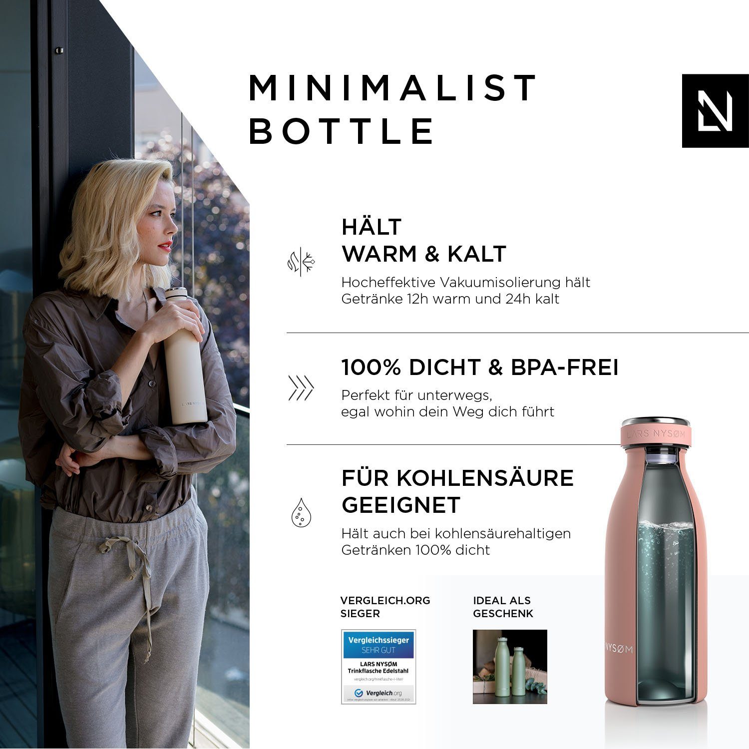 1,5l LARS 500ml 1l NYSØM BPA-Freie 350ml Thermosflasche 750ml Isolierflasche Rose Ren,