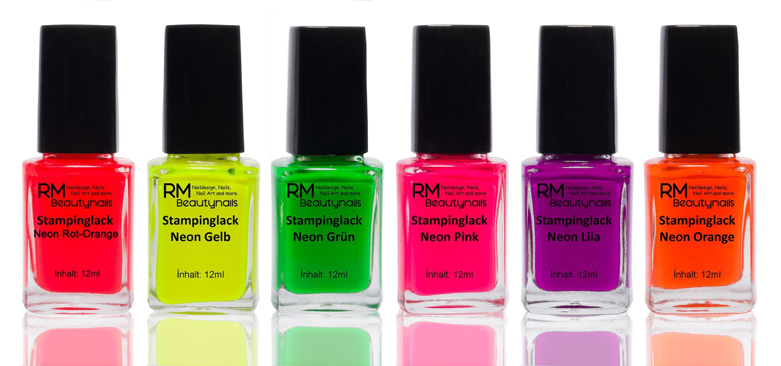 RM Beautynails Nagellack-Set Neon Nagellack Stamping Set Rot Gelb Grün Pink Lila Orange Nail Polish, Schnell trocknend