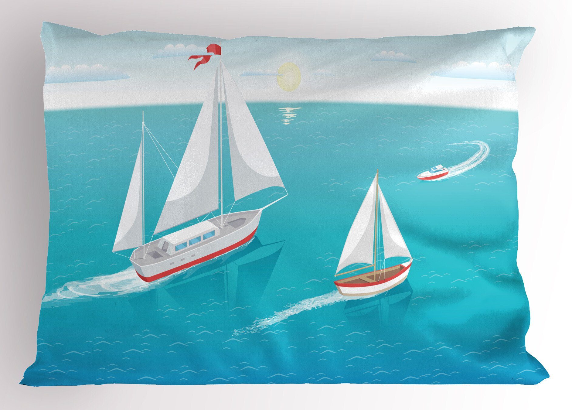 Wasser Segelboote Dekorativer Queen blau Stück), Size Gedruckter Kissenbezüge und Kopfkissenbezug, (1 Sonne Abakuhaus
