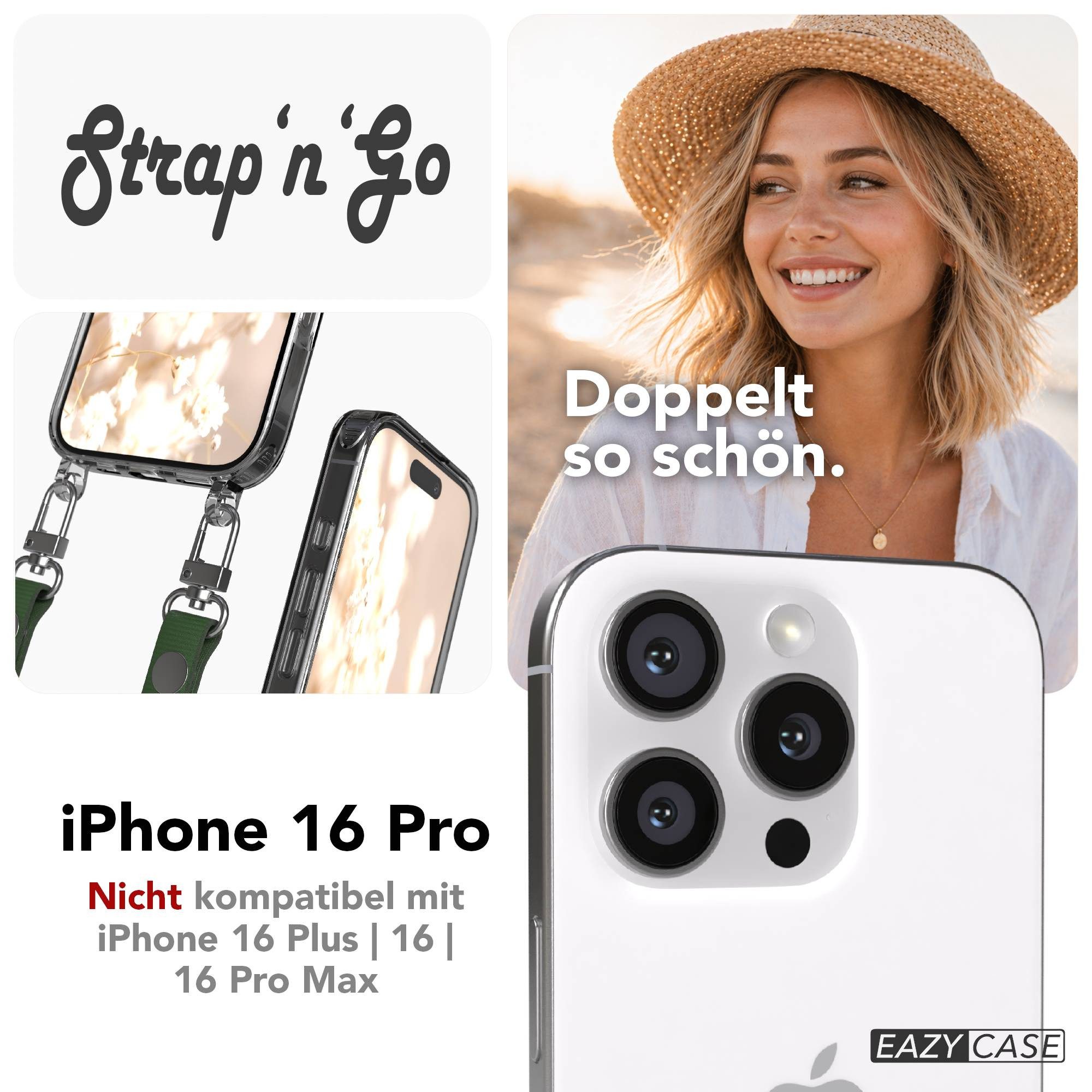 EAZY CASE Handykette für Apple iPhone 16 Pro Handyhülle mit Handyband magnetisch, Stylische Handykordel in Dunkelgrün mit Magnet und 2x2 Connectoren