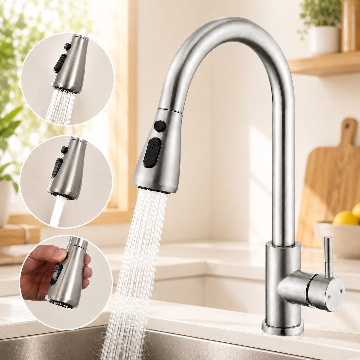 HOMELODY Küchenarmatur Hochdruck Wasserhahn Küche 360° Küchenarmatur mit Ausziehbarer Mischbatterie mit Dual-Spülbrause Gebürstet
