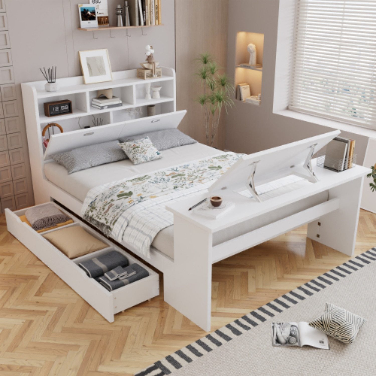 ANYSUN Stauraumbett Jugendbett 140x200, mit Schublade & verstellbarem Klapptisch, Gesamtmaße ca. 264 × 147,5 × 120 cm; Liegefläche 140 × 200 cm