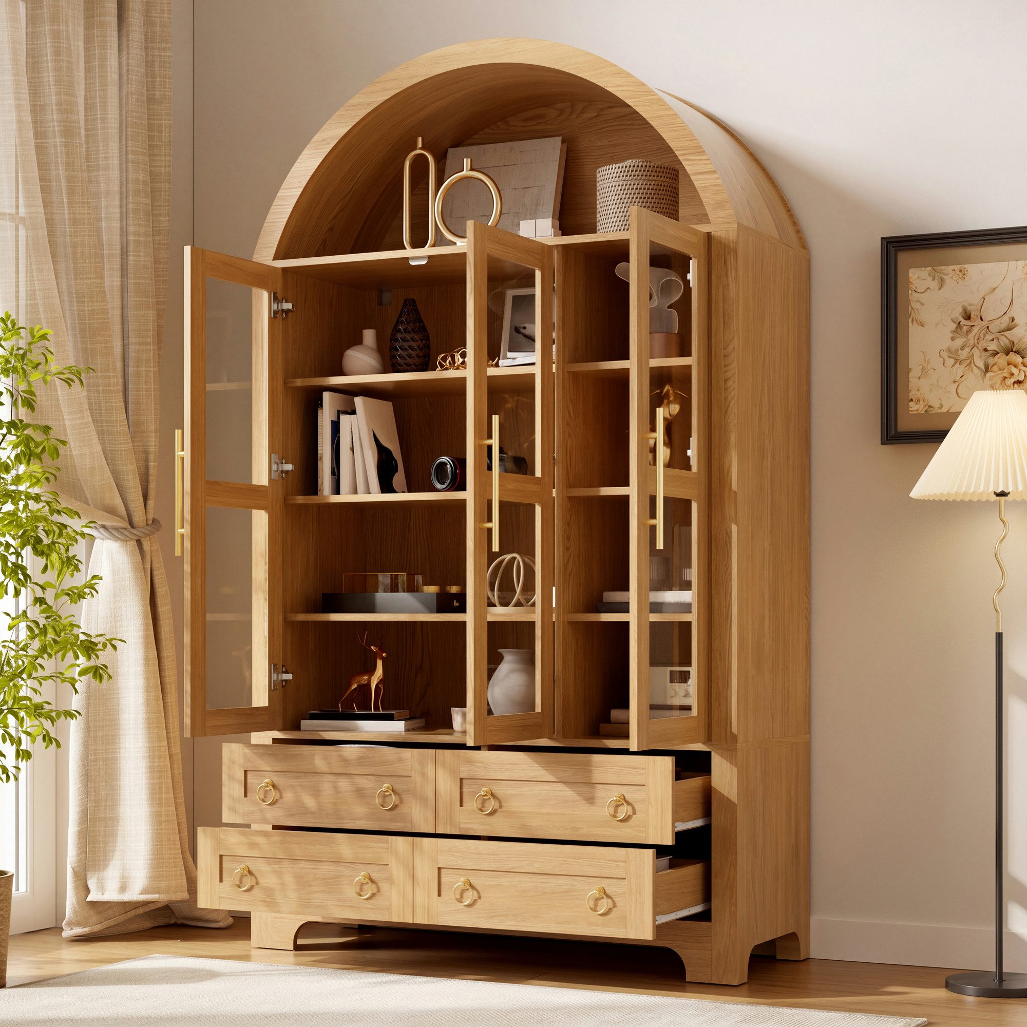 Merax Hochschrank Bogen-Mehrzweckschrank Glasvitrine mit Aluminiumgriffen (Anrichte Sideboard Aufbewahrungsschrank, 1-St., 110 L x 40 B x 185 H cm) Wohnzimmersc – Bild 4 von 5