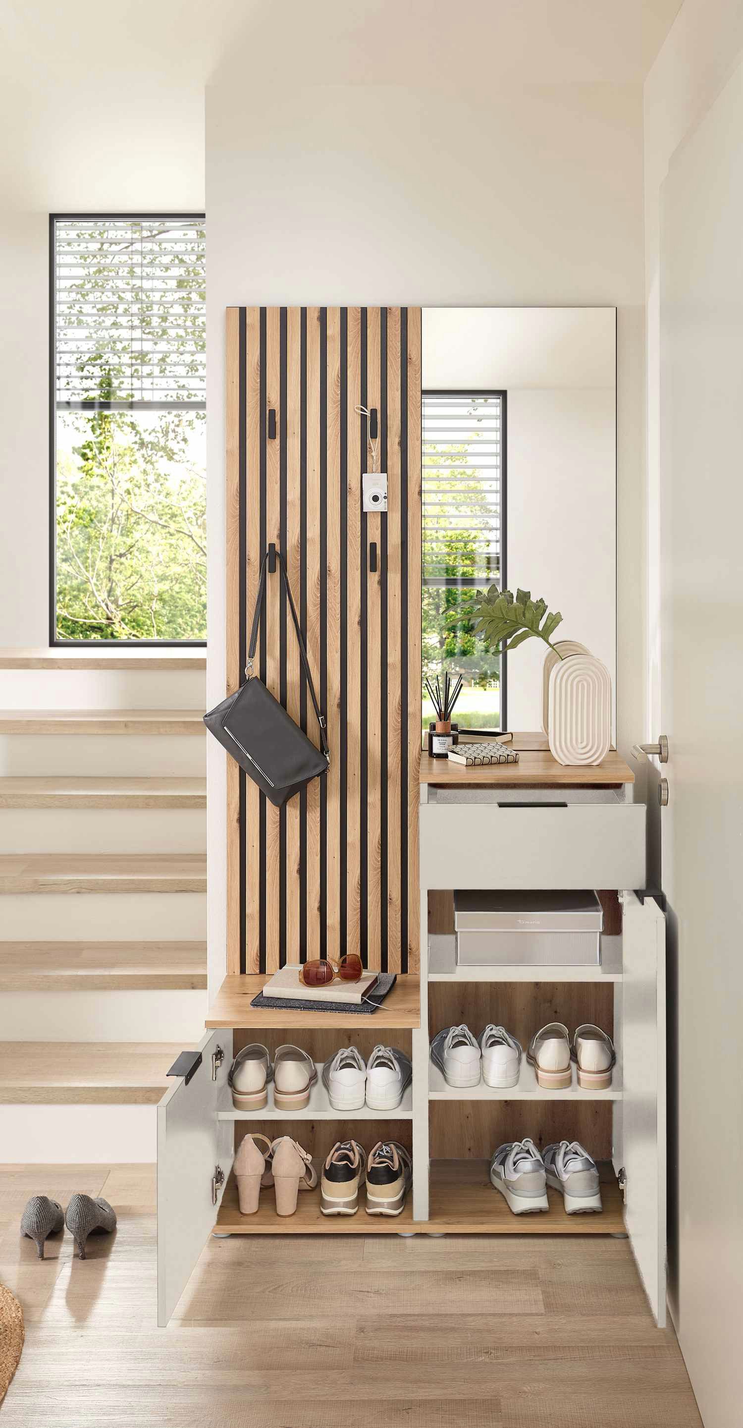 moebel-dich-auf Kompaktgarderobe EASY (Paneel + Bank + Spiegel + Schuhschrank, in 2 Farbvarianten, Lamellenoptik) 88 cm breit – Bild 3 von 5