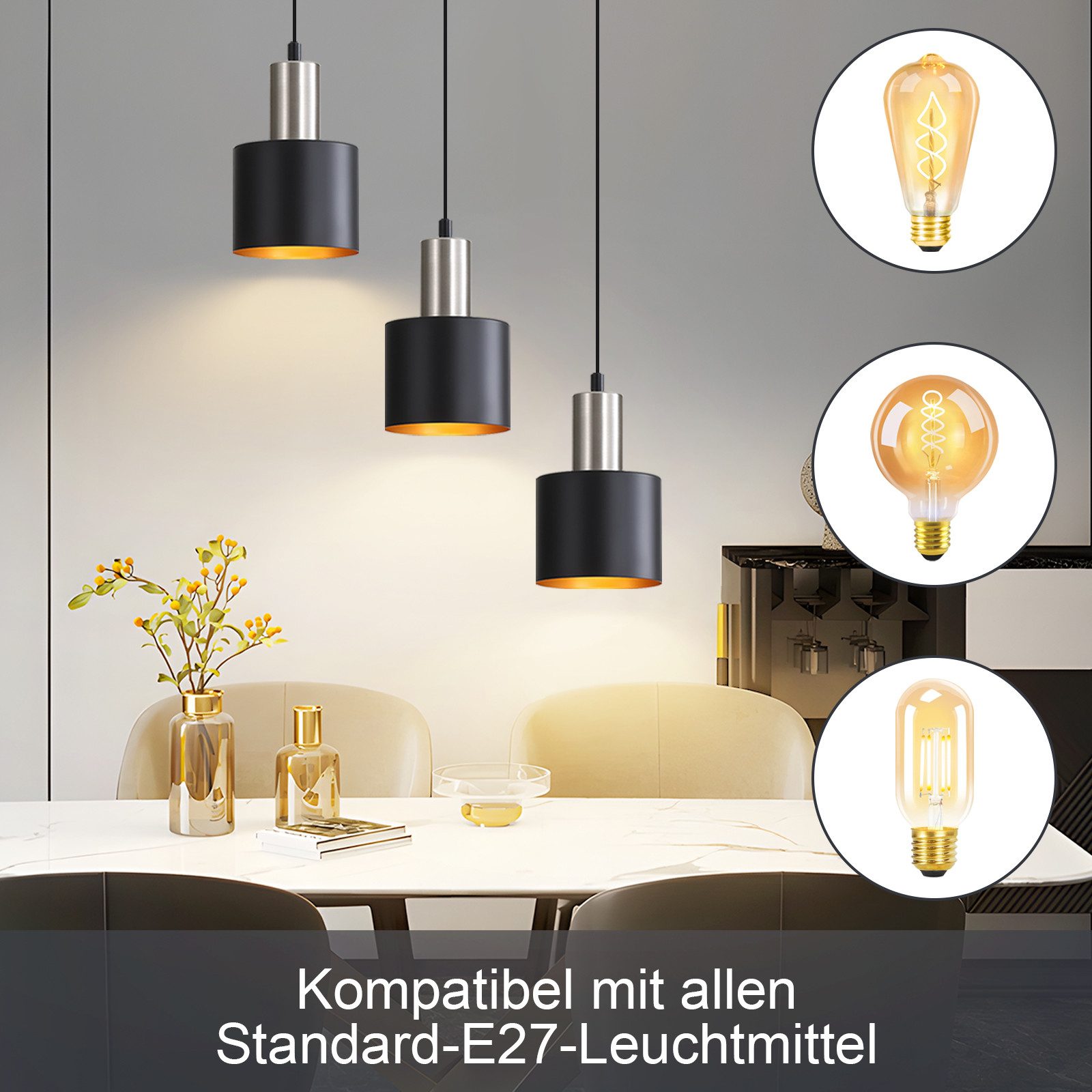 Nettlife Hängeleuchte Schwarz Gold Vintage 1/2/3 Flammig Esstisch E27 Pende günstig online kaufen