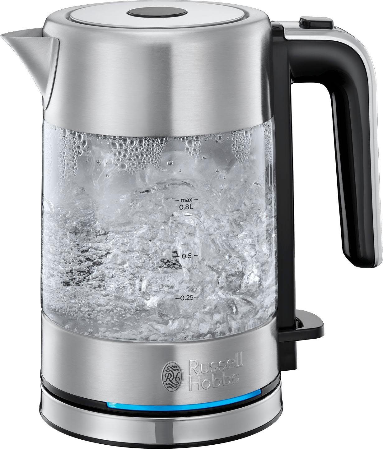 RUSSELL HOBBS Wasserkocher Compact Home Mini 24191-70, 0,8 l, 2200 W, klein, 2200W, LED Beleuchtung, Kalkfilter, Glas/ Edelstahl