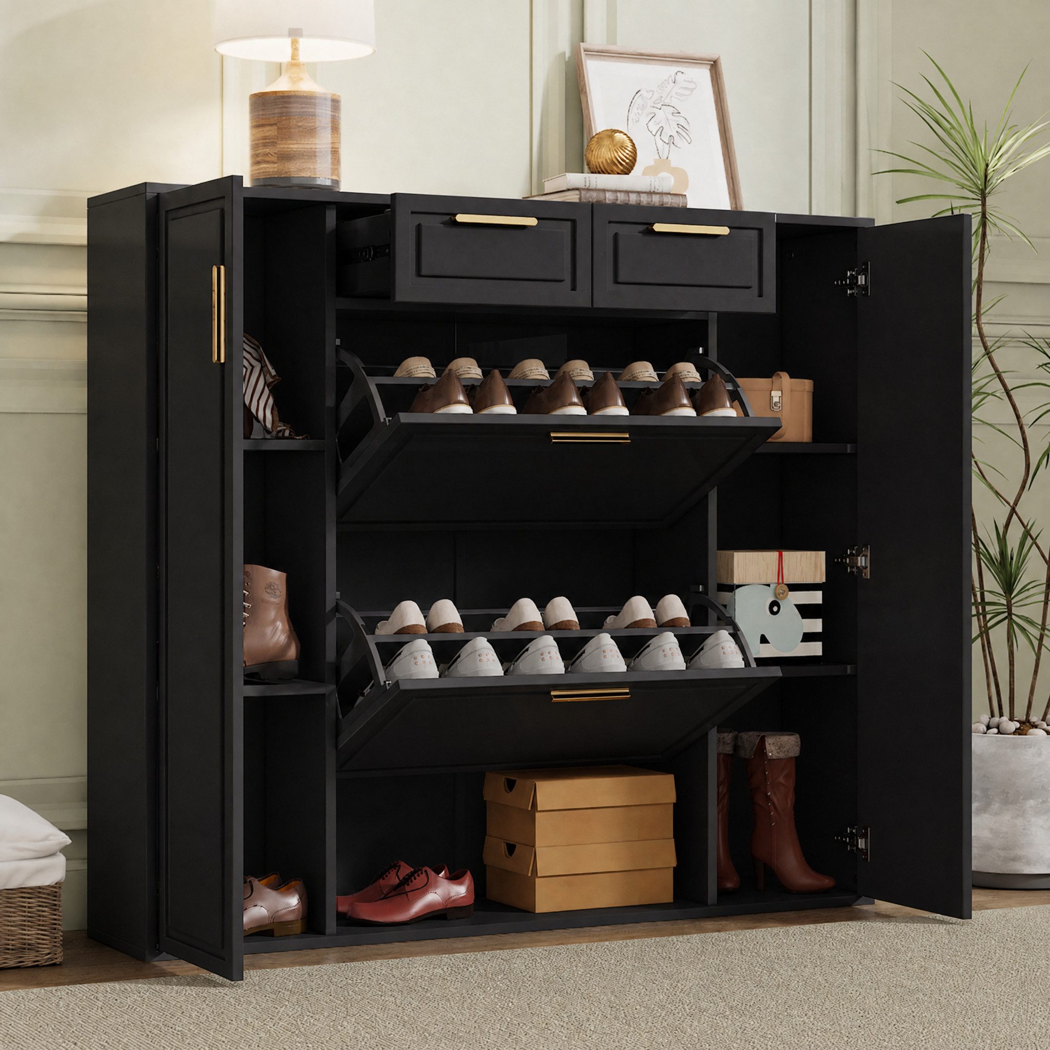 Celya Schuhschrank mit verstellbaren Regalen und 2 Schubladen (mit Klappschuhschrank und 2 Türen, Mit Kippsicherung) Ideal für Flur, Eingangsbereich oder Ankleidezimmer