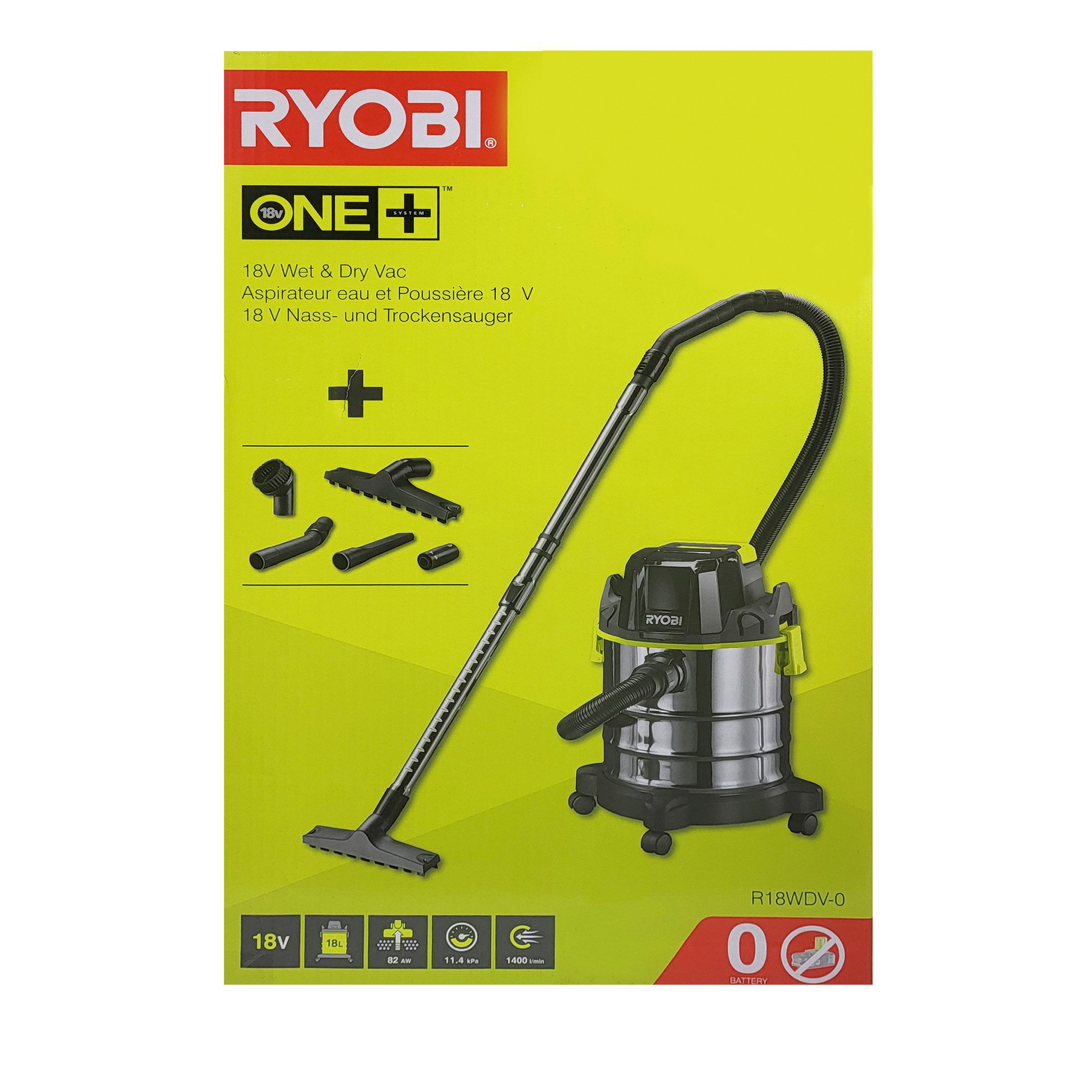 RYOBI Montagewerkzeug Ryobi R18WDV-0 Nass-Trocken-Staubsauger 18 V ONE+ (ohne Akku/Lader), (1-tlg)