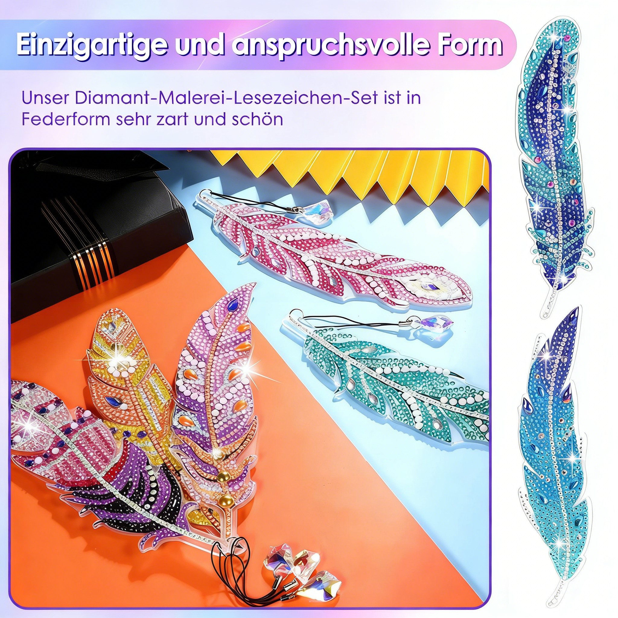 BlingBin Lesezeichen DIY Diamond Painting Lesezeichen Bastelset Kinder, 8 Stück Federmotiv, Basteln ab 6 Jahren, Geschenk für Mädchen, Kindergeburtstag