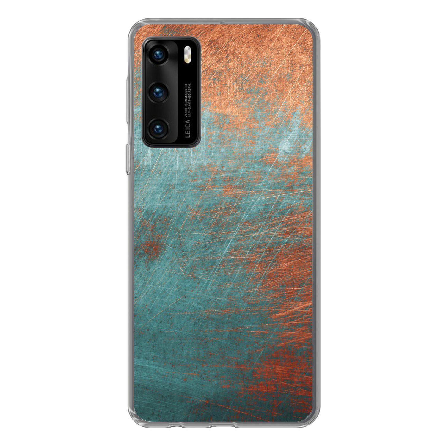 MuchoWow Handyhülle für Huawei P40 Metall - Rost - Bronze - Blau - Abstrakt - Struktur, Handy Case, Silikon, Bumper Case Dünn