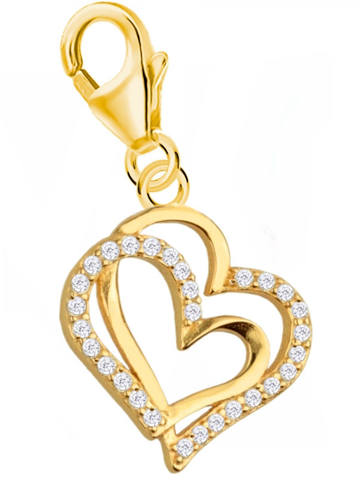 Goldene Hufeisen Charm Herz Zirkonia Herz Charm 925 Sterling-Silber Anhänger für Armband, 24K Gelbgold vergoldet