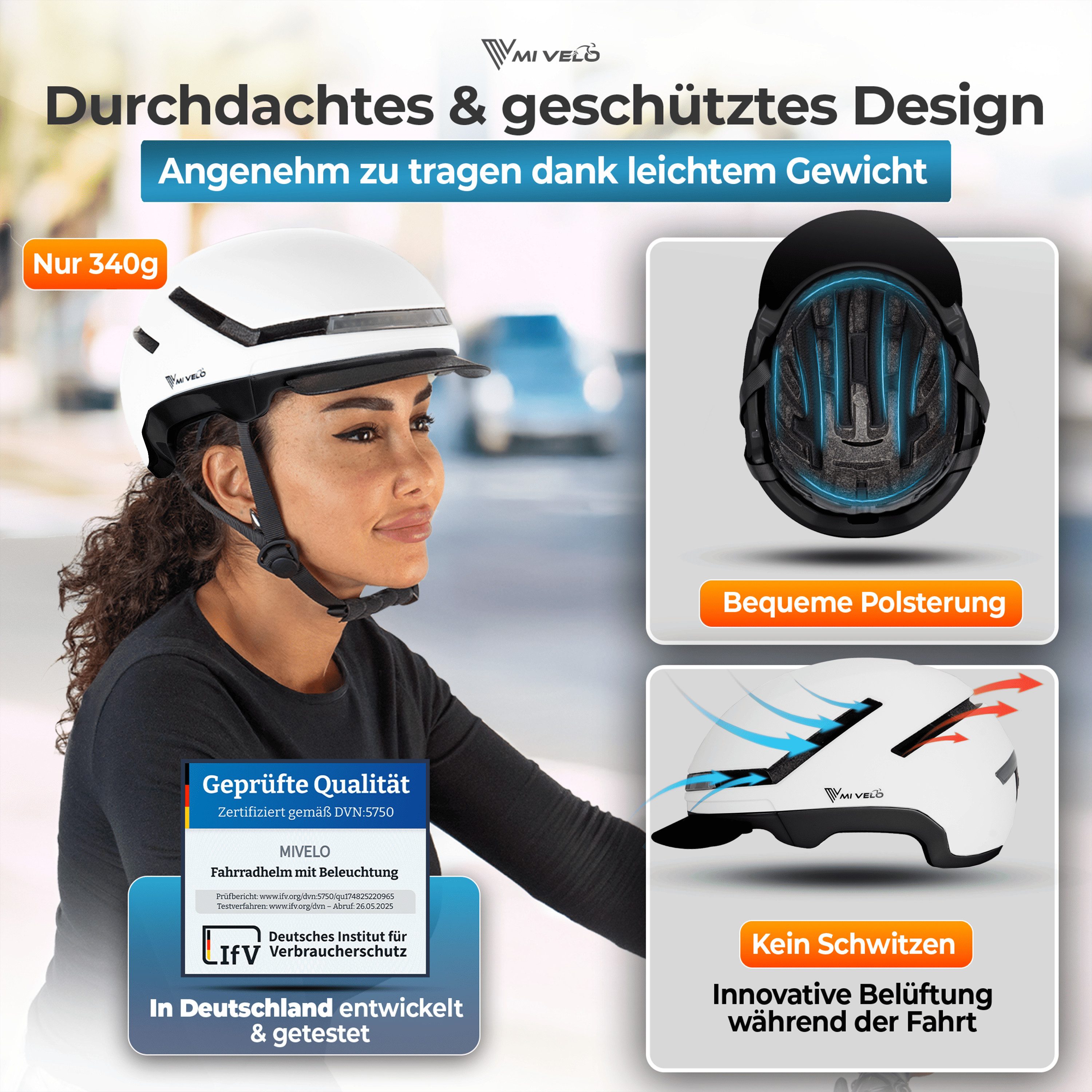 MIVELO Fahrradhelm NOVA - für Herren und Damen mit Licht vorne & hinten, NTA zertifiziert, 360° Beleuchtung, 24 Monate Crash-Ersatz-Garantie