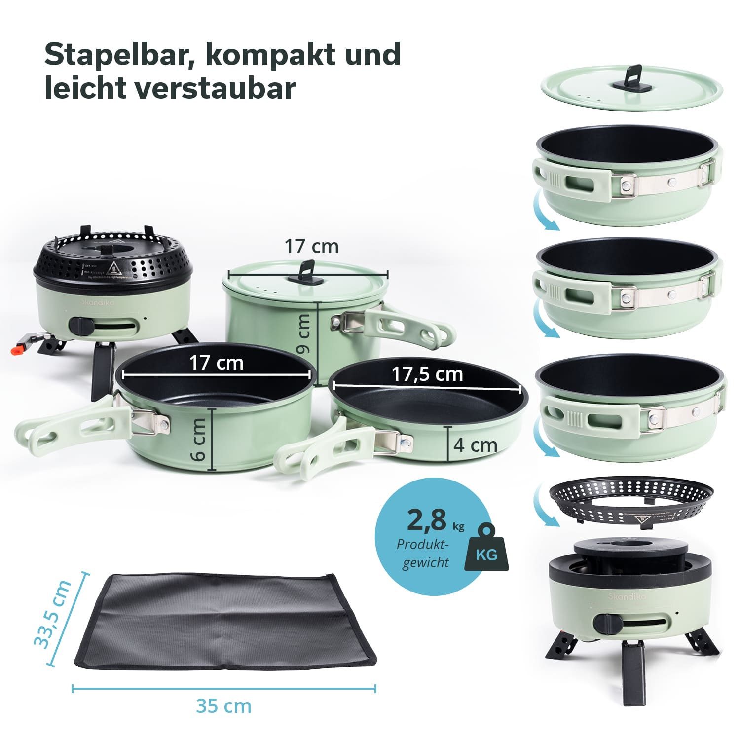 Skandika Gaskocher Campingkocher Hybrid Rask Set, mit Geschirr, Topf und Pfanne, (Alle Teile platzsparend ineinander stapelbar, Tragetasche), 2 in 1 Betrieb mit Strom oder Gas, Set mit Unterlage & Tasche
