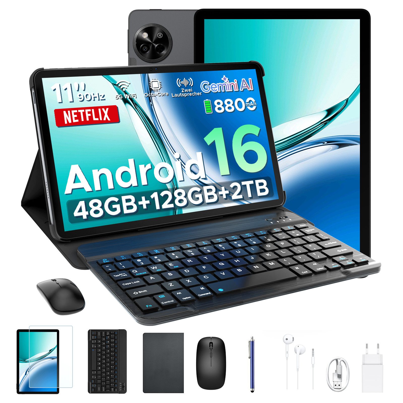 Aorlym P11 Android 16 Tablet 11 Zoll mit Tastatur und Stift, 90Hz, 8800mAh Tablet (11", 128 GB, Android 16, T7250 Octa Core, Gemini AI, 13MP + 5MP, Widevine L1, Face ID/OTG/GPS)
