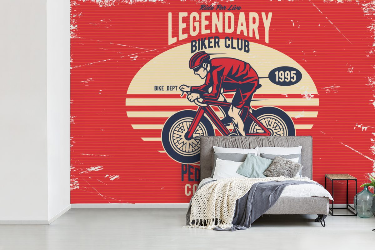 Radfahrer - Fahrrad Schlafzimmer, für Matt, Fototapete Vinyl MuchoWow St), Wohnzimmer, Tapete Kinderzimmer, bedruckt, - Retro, (6 Wallpaper