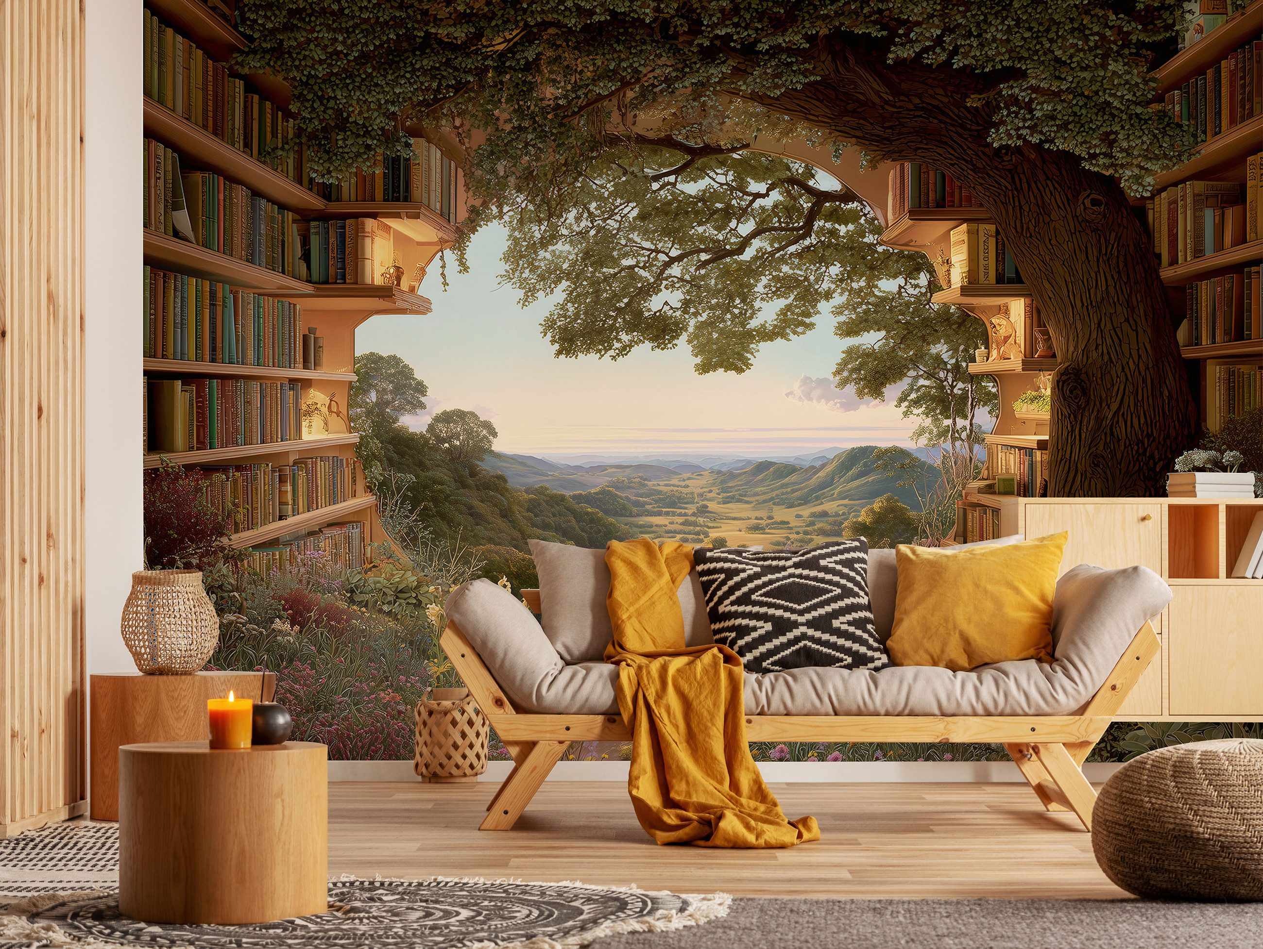 Wallarena Fototapete Vlies 3D Landschaft Biblioteka Braun Schlafzimmer, Wohnzimmer 300x210, glatt, 300 x 210 cm