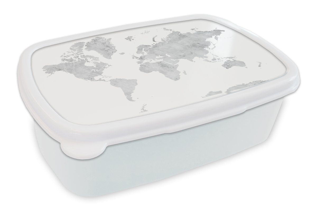 MuchoWow Lunchbox Weltkarte - Grau - Marmor, Kunststoff, (2-tlg), Brotbox für Kinder und Erwachsene, Brotdose, für Jungs und Mädchen weiß