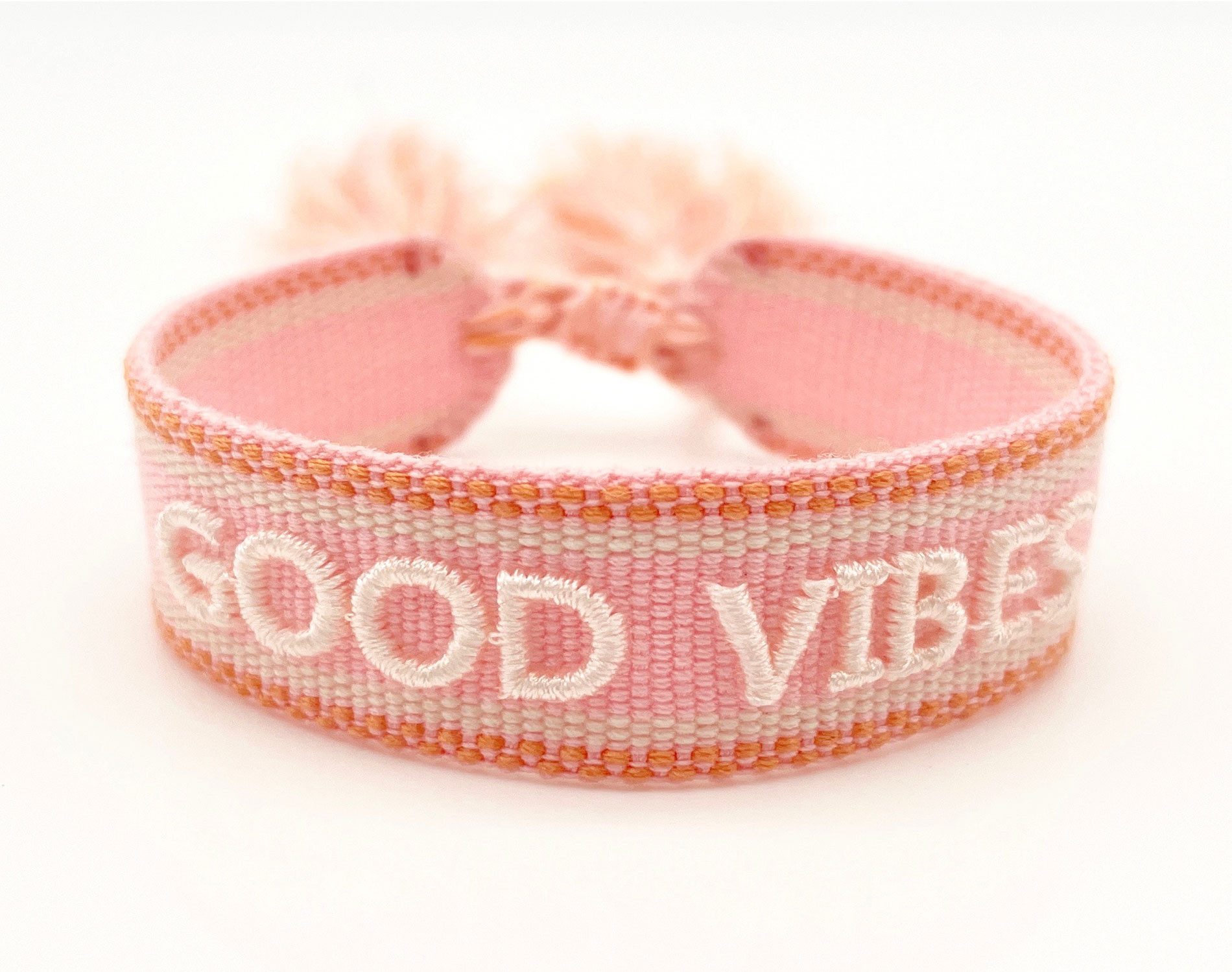 LS-LebenStil Armband Canvas Statement Armband Good Vibes Rosa Weiß Quasten bestickt (Baumwollarmband Webarmband Armbandliebe Freundschaftsarmband Freundschaftsb – Bild 2 von 5
