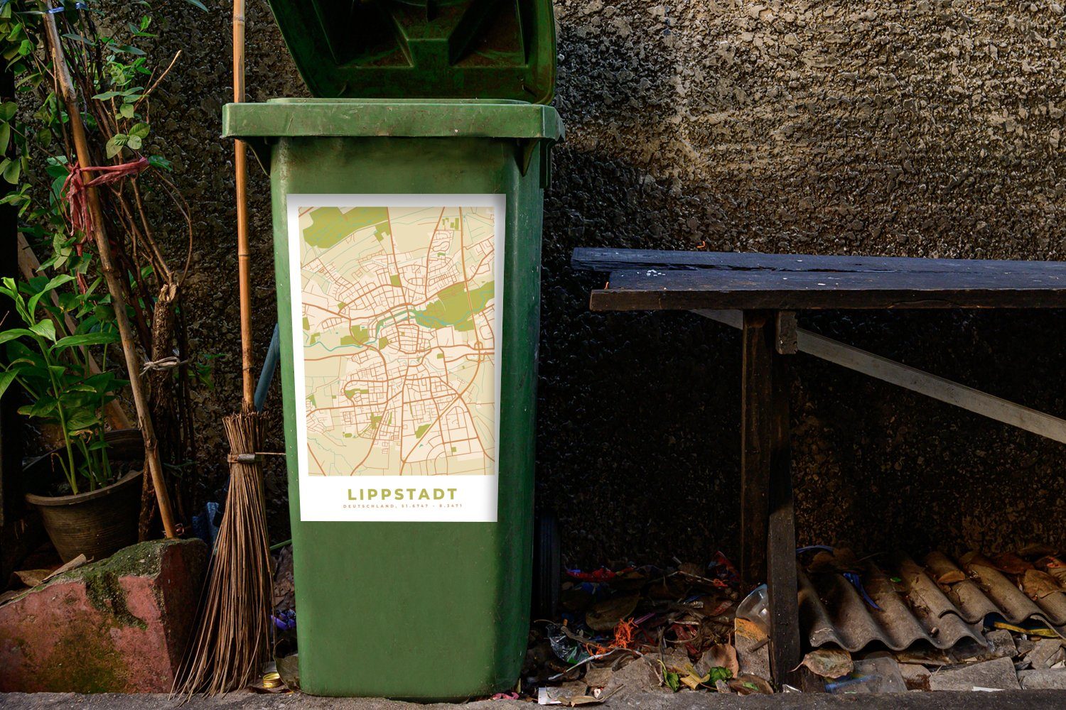 MuchoWow Wandsticker Karte - Jahrgang Karte Sticker, - Abfalbehälter Container, - Mülleimer-aufkleber, Mülltonne, (1 St), Lippstadt