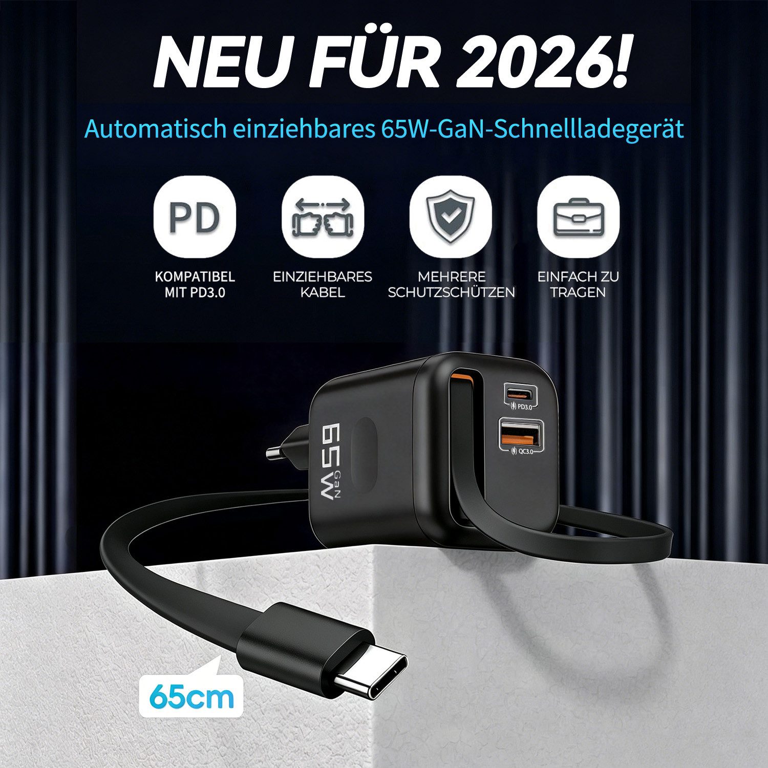 SWGOTA 2026 Neues 65W GaN 3-Port USB C Ladegerät mit Einziehbarem Kabel USB-Ladegerät (65W Schnellladegerät, 3-in-1 USB Netzteil, PD 3.0 Power Adapter, Unterstützt Super Fast Charging bei Einzelportnutzung)
