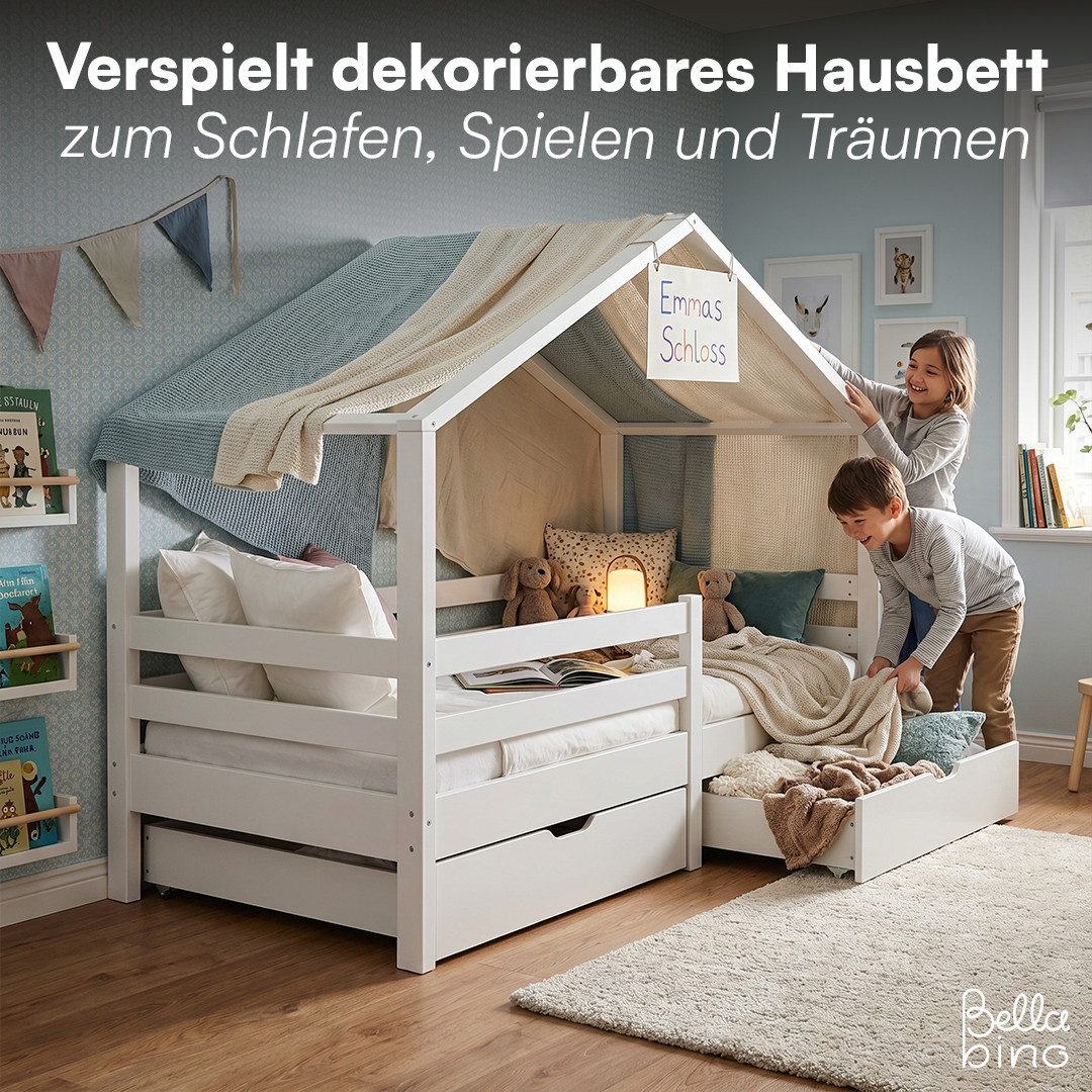 Bellabino Hausbett Abia Kinderbett mit Lattenrost und Rausfallschutz (weiß, mit Matratze und zwei Schubladen), Kinderbett 90x200 cm, verfügbar in verschiedenen  – Bild 5 von 5