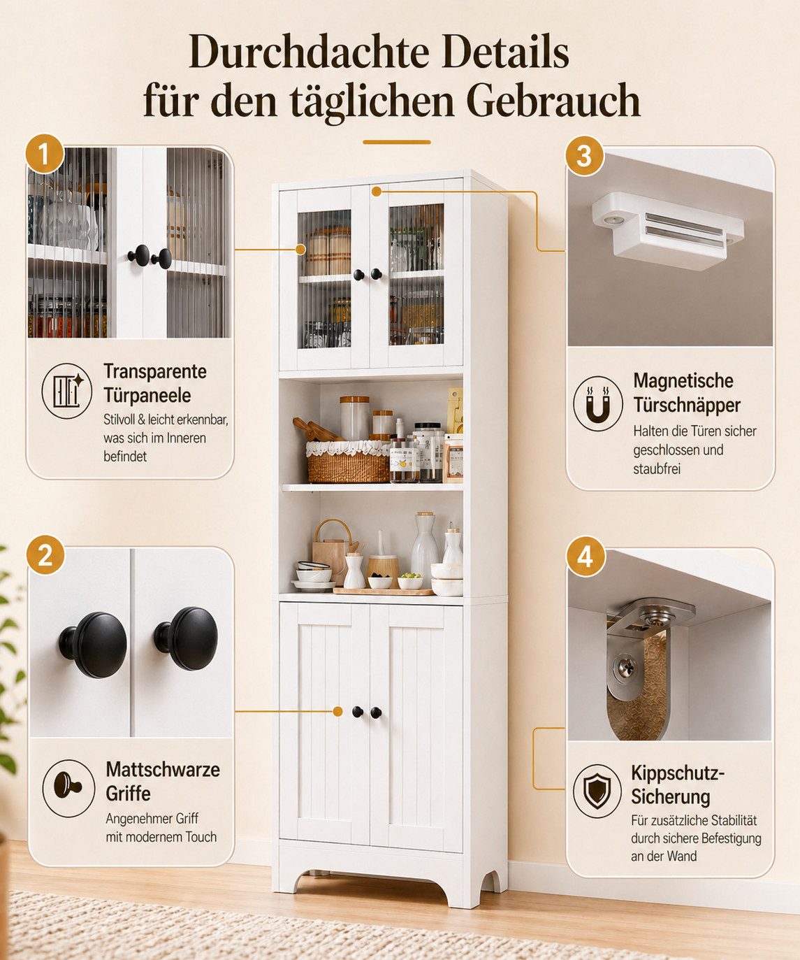 Yorbay Hochschrank Küchenschrank mit 2 Ablageböden und 4 Türen,Mehrzweckschrank (57,5 x 28,5x162,5cm) Vielseitiger Aufbewahrungsschrank für Bad, Küche & Wohnzimmer