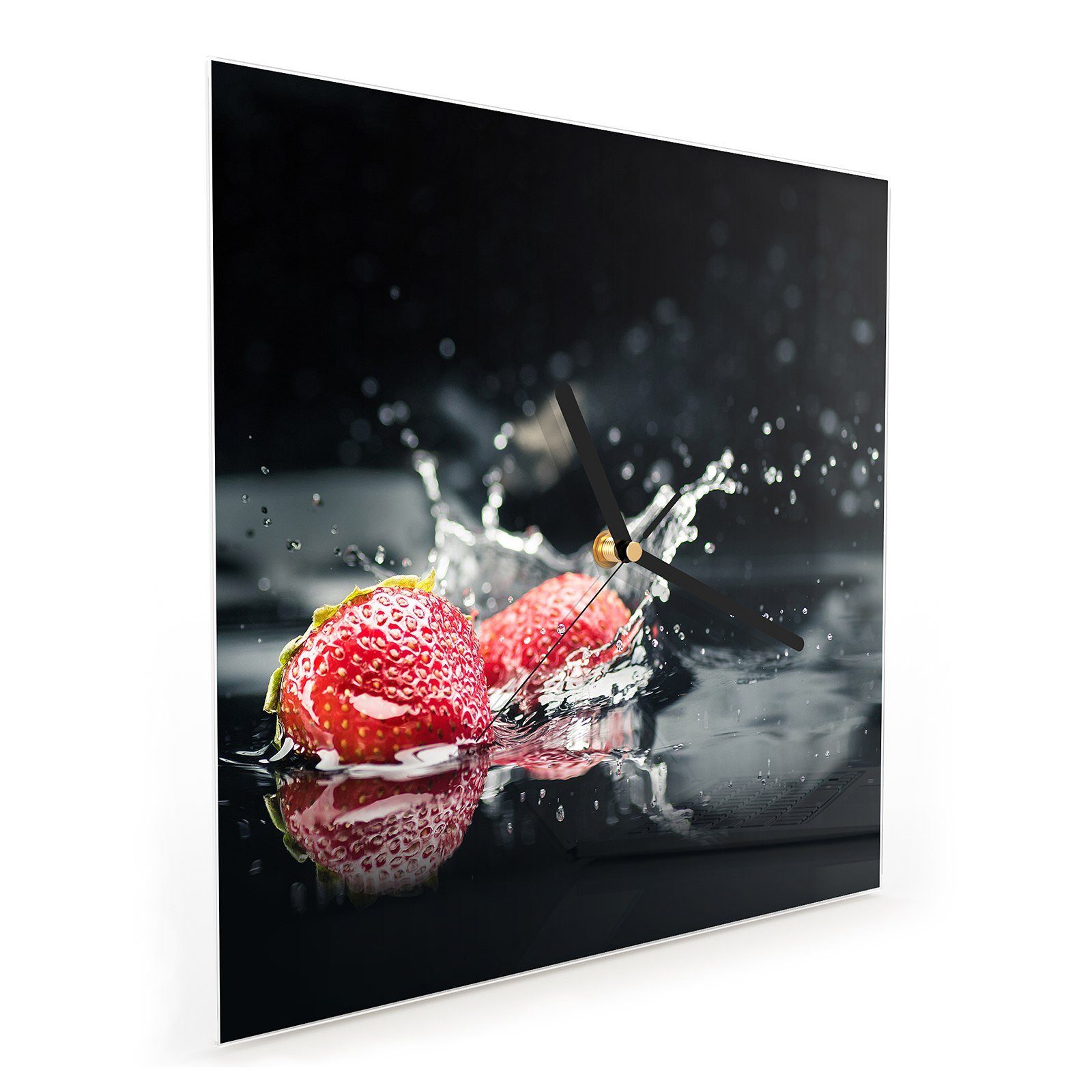 Motiv Erdbeeren 30 Größe Wanduhr Glasuhr Splash im mit Wasser x Wandkunst Primedeco 30 Wanduhr cm