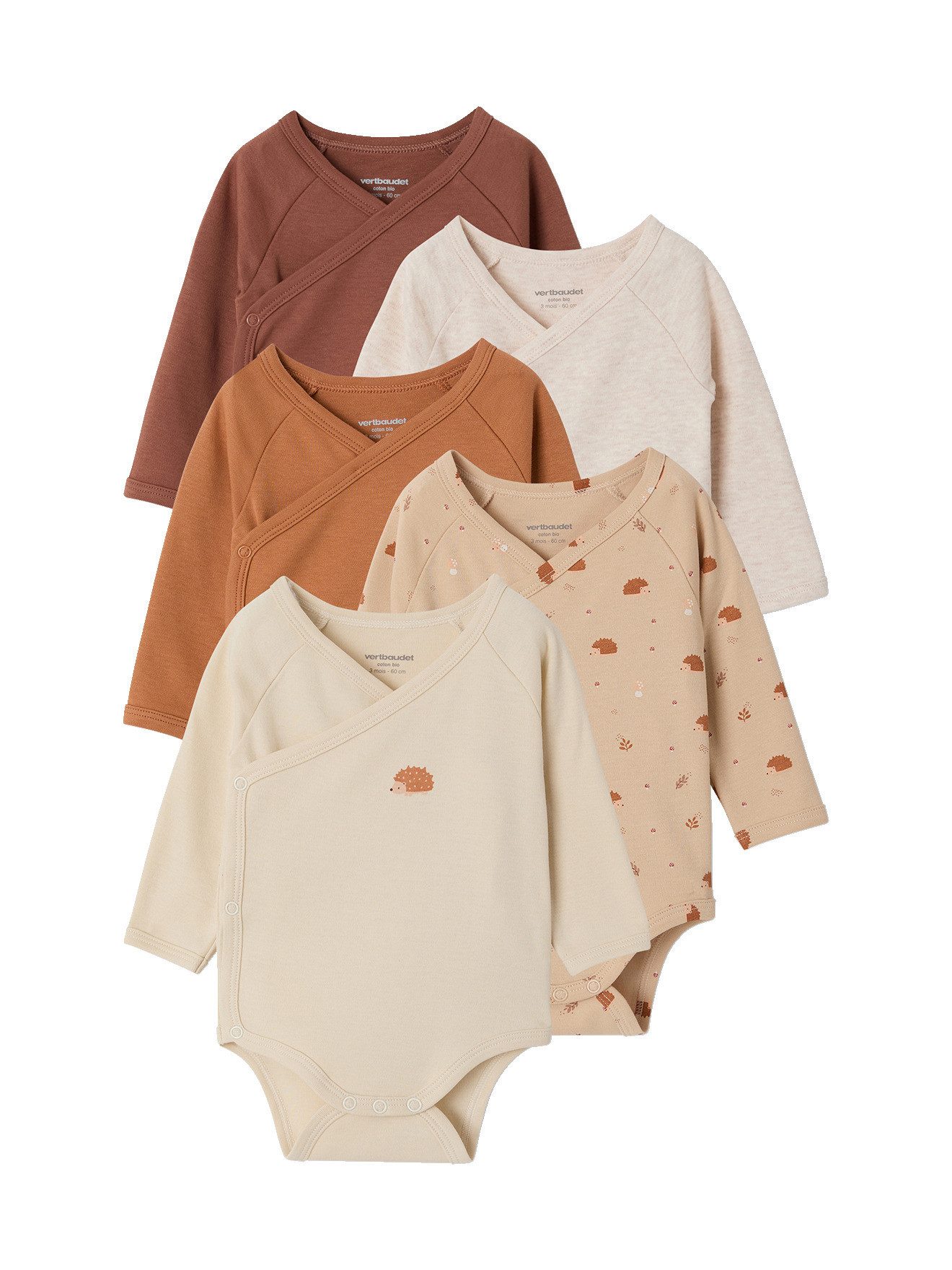 vertbaudet Langarmbody 5er-Pack Baby Wickelbodys Igel mit langen Ärmeln