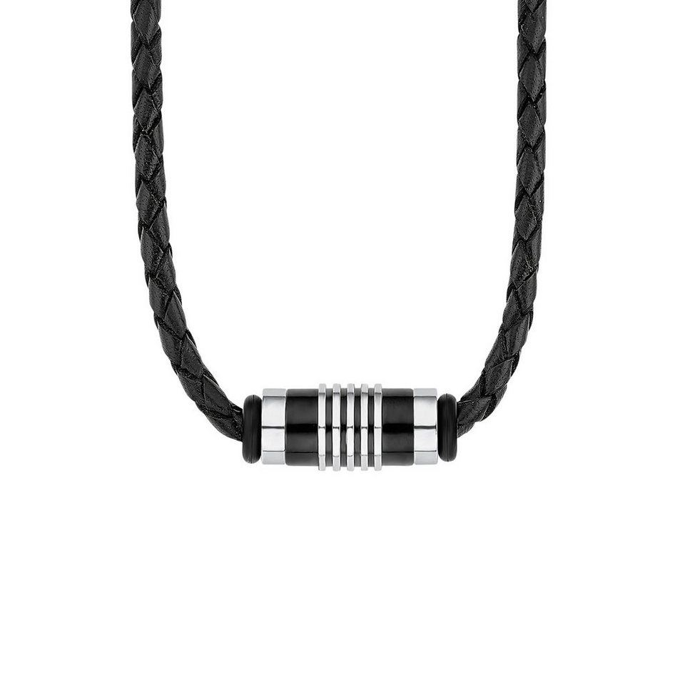  Edelstahlkette für Herren, Edelstahl (1-tlg., Halsband),  Geflochtenes Echtlederhalsband mit Edelstahl-Bead der Marke
