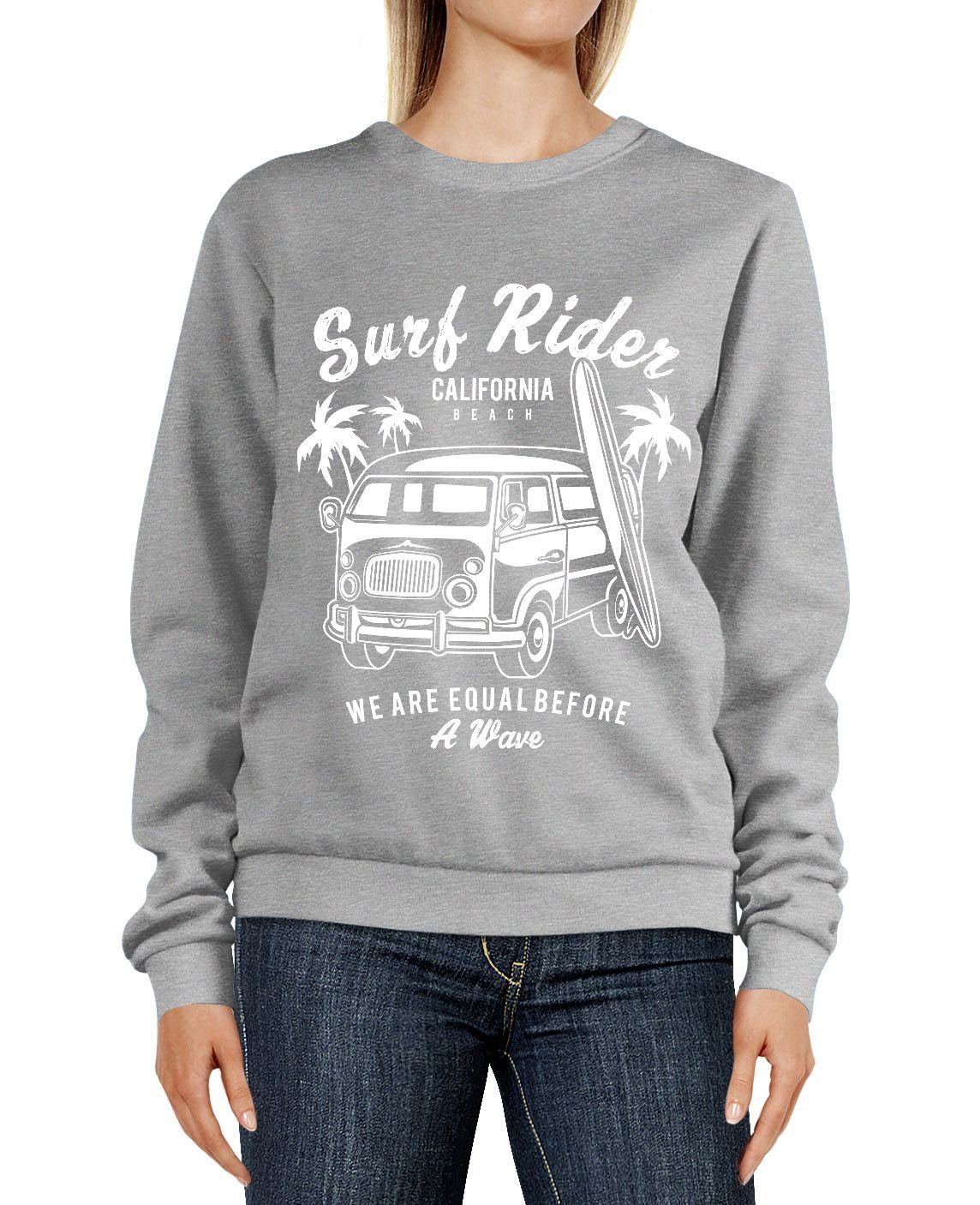 Pulli Rundhals-Pullover grau Retro Sweater Neverless Bus Surfing Aufdruck Sweatshirt California Damen Neverless® Sweatshirt Rider Surf