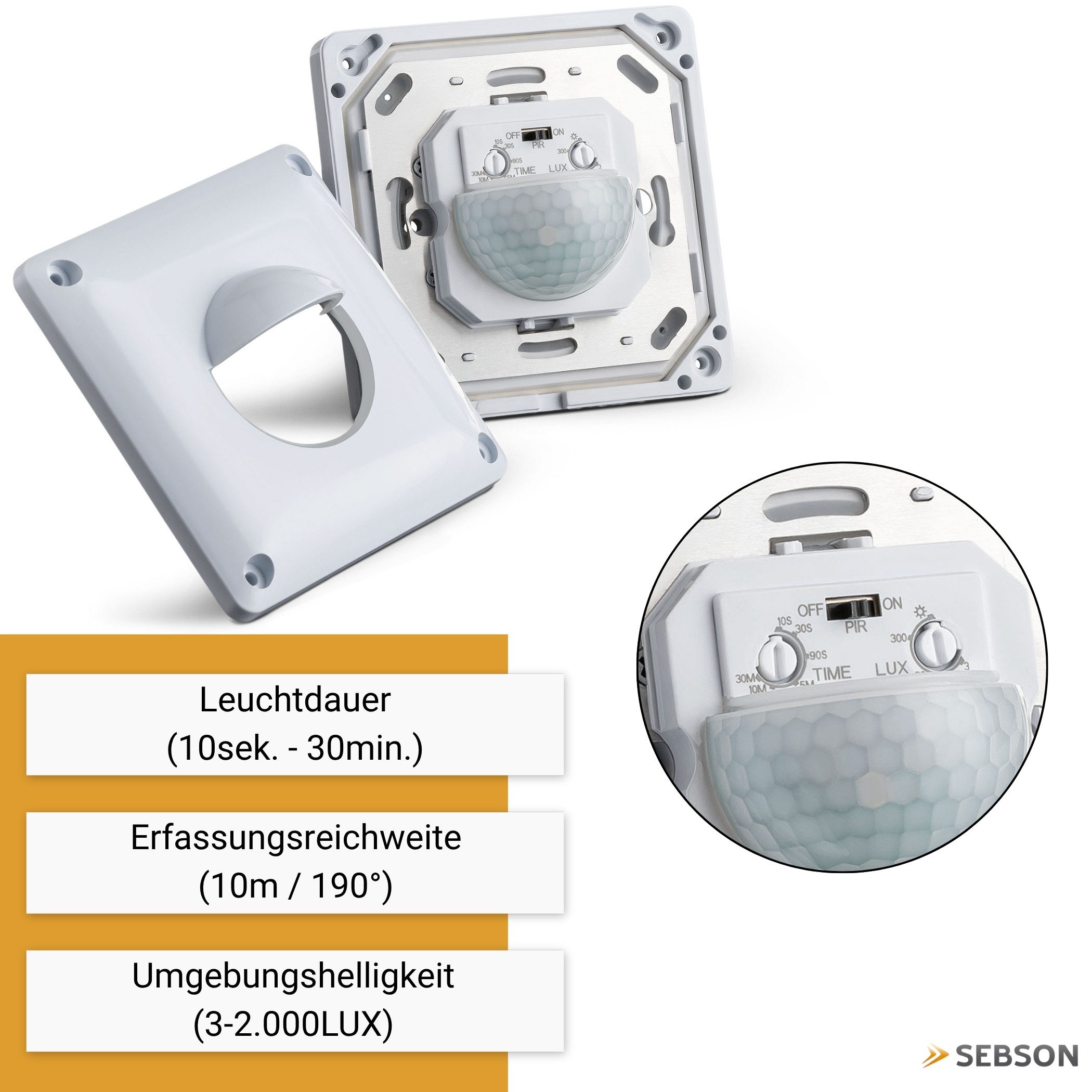 SEBSON Bewegungsmelder Bewegungsmelder Außen IP65 Unterputz LED geeignet programmierbar, (1-St), LED geeignet, IP65, programmierbar, 190°, Ein- und Ausschalter