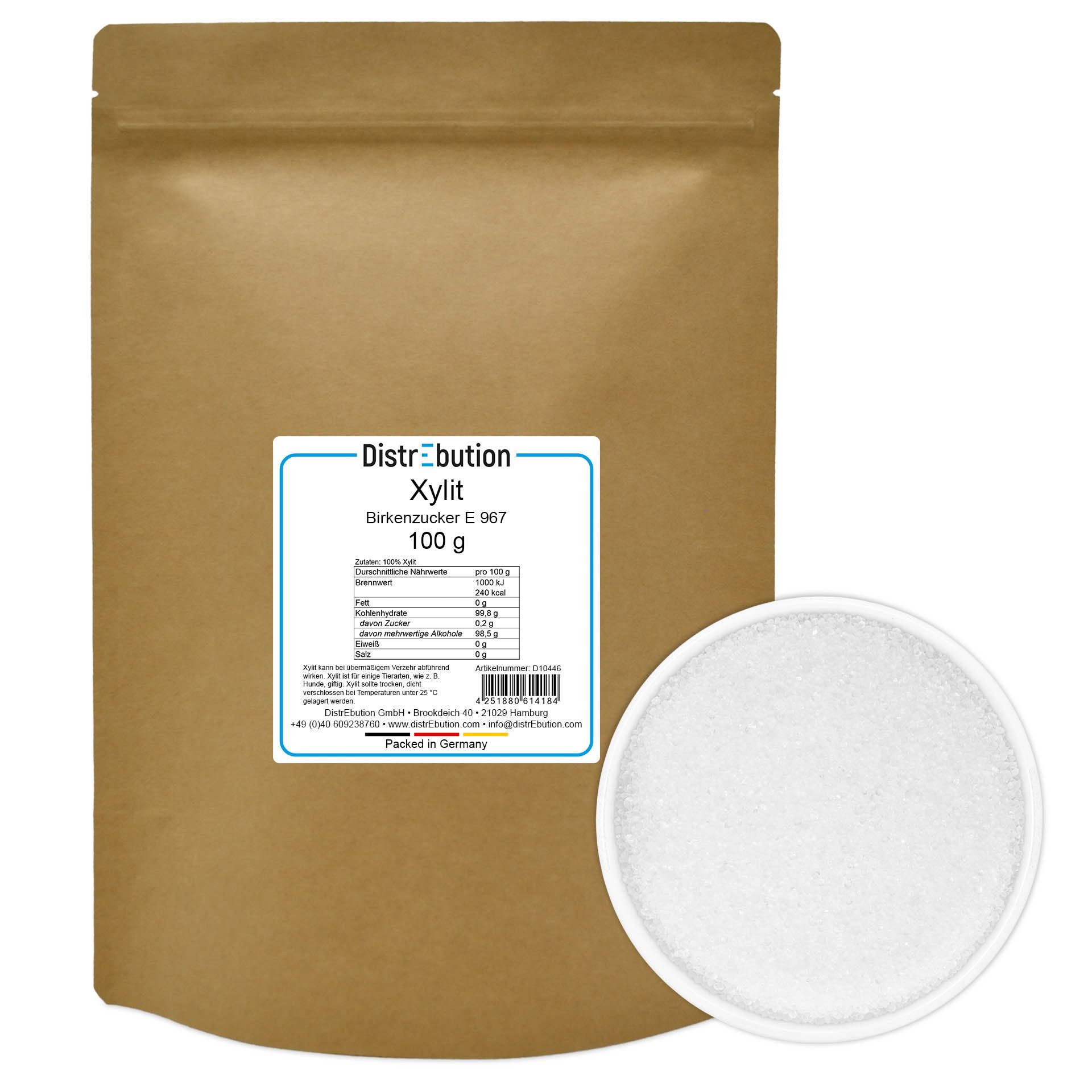 DistrEbution Süßungsmittel Xylit Birkenzucker (Xylitol) - Kalorienarmes Süßungsmittel, 100 g, Hochreine Qualität