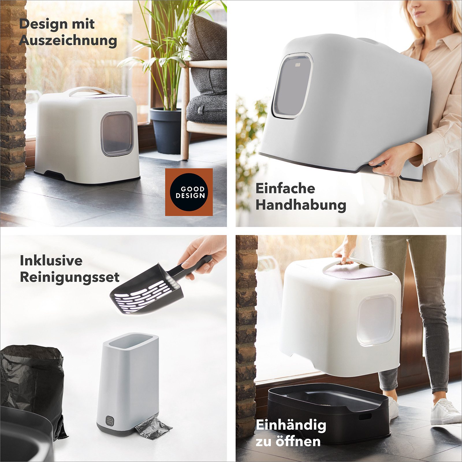 ROTHO Katzentoilette Katzenklo Bea mit Schwingtür – geräumig, geruchshemmend, nachhaltig, Inkl. Schaufel und 6 Aktivkohlefilter gegen Gerüche, Magnetklappe