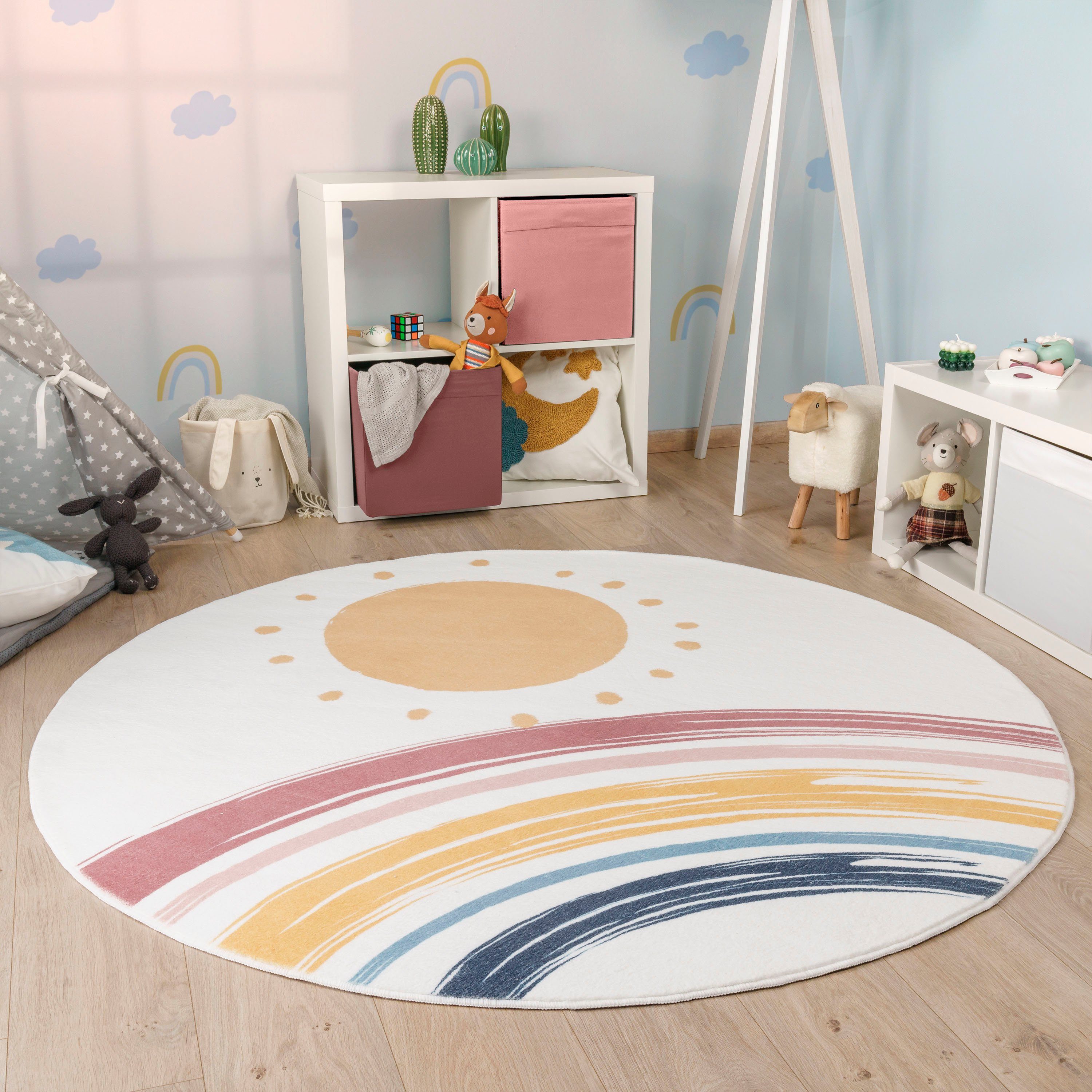 Niloya 362, waschbar Kinderteppich Home, 12 & mm, bedruckt, Paco Sonne Spielteppich, Kurzflor, Motiv rund, Regenbogen, Höhe: