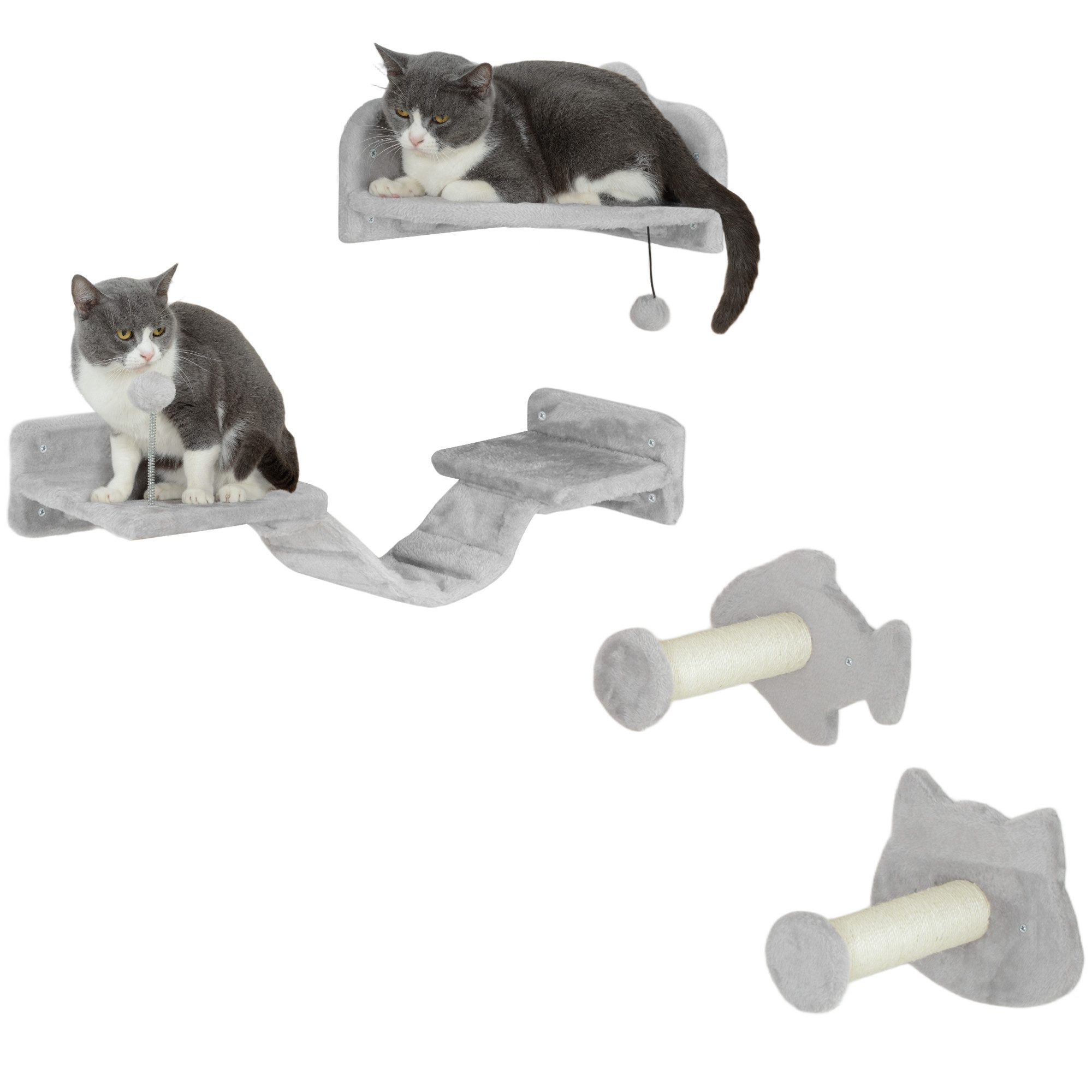 PawHut Katzen-Kletterwand Katzenmöbel mit Stufen, Leiter, Sprungtürmen, Когтеточкиn, Spielball, für Katzen bis 5 kg, Hellgrau