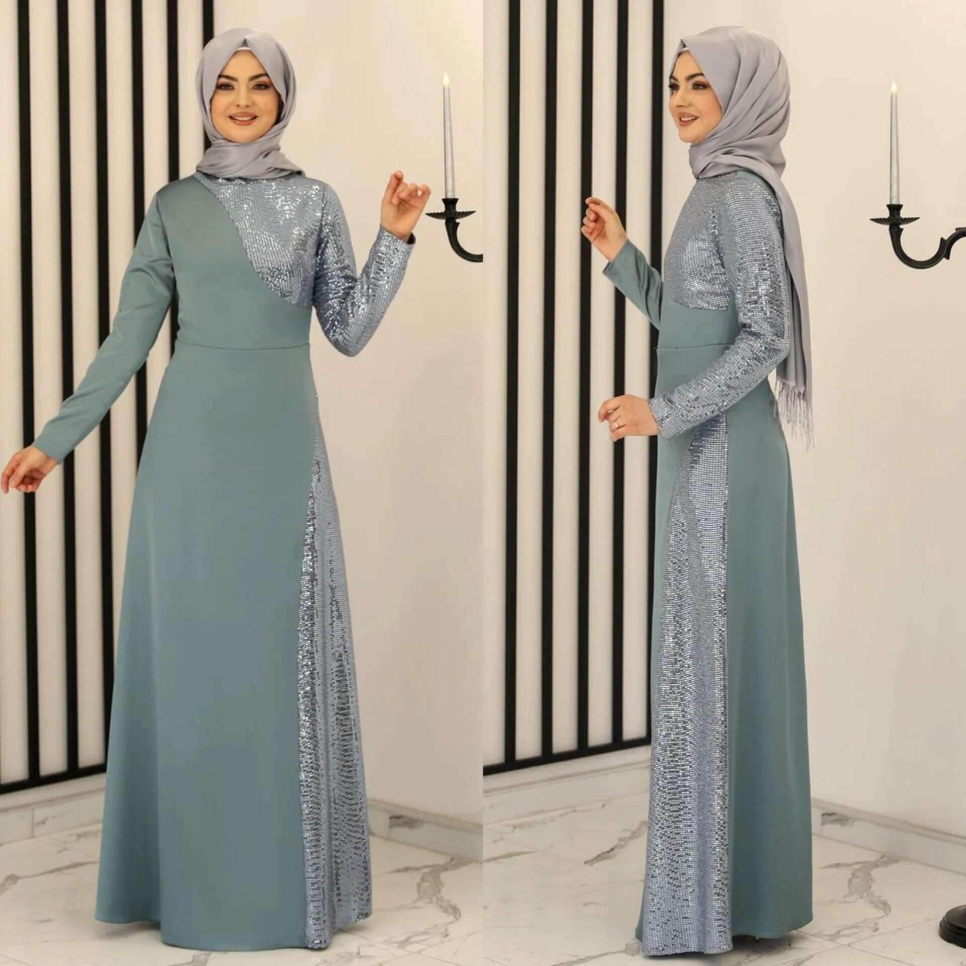 (DAMLA) Damen Pailletten Abaya Mint Modavitrini Hijab Maxikleid Kleid Abiye Paillettenkleid Abendkleid