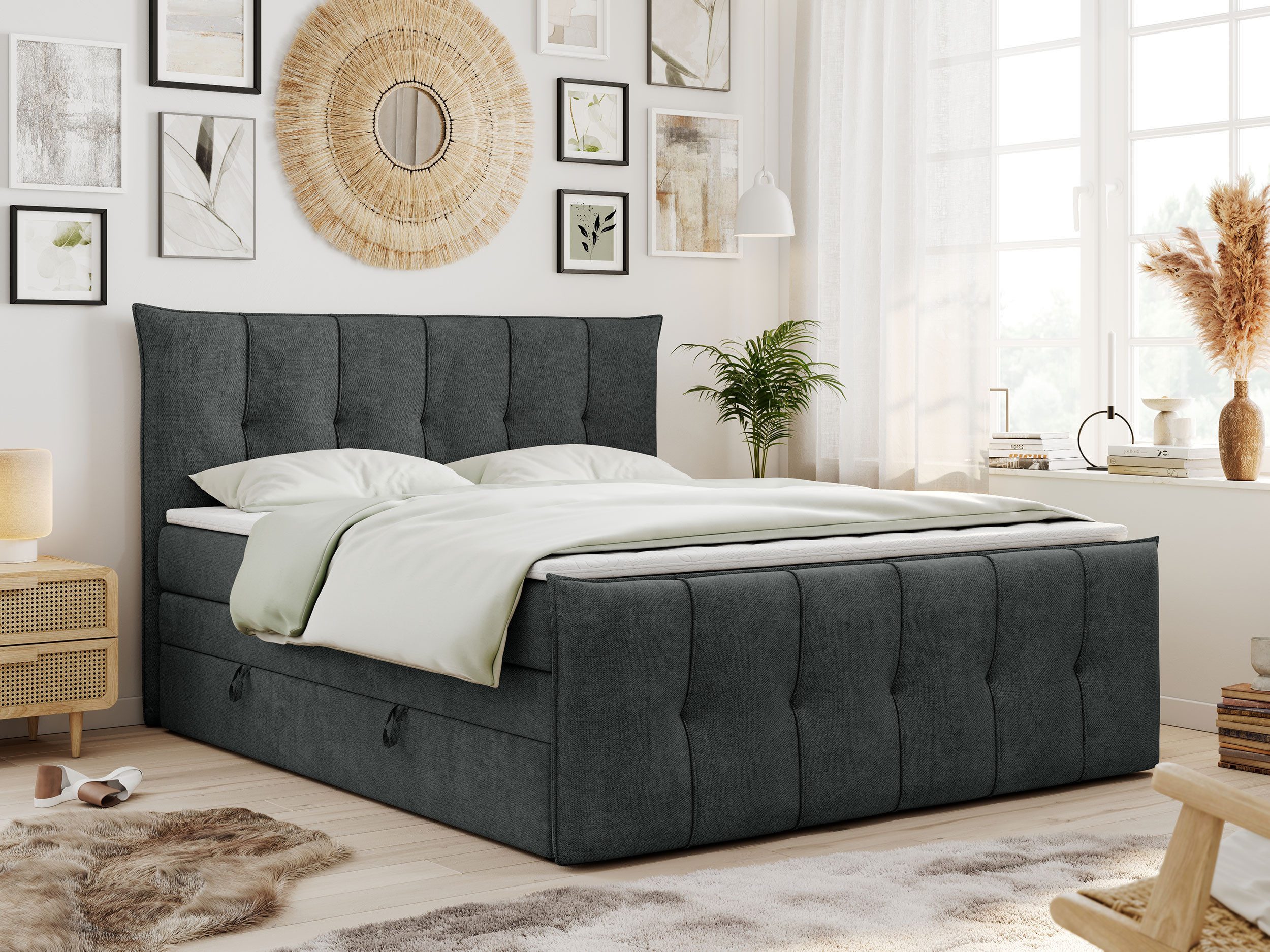 MKS MÖBEL Boxspringbett PREMIUM 11 KING (Set, Packung, T30-Schaum, Topper T25/Visco, gestepptes Kopfteil), Bettkasten und fünf Matratzen - Multipocket-Matratzen und Topper