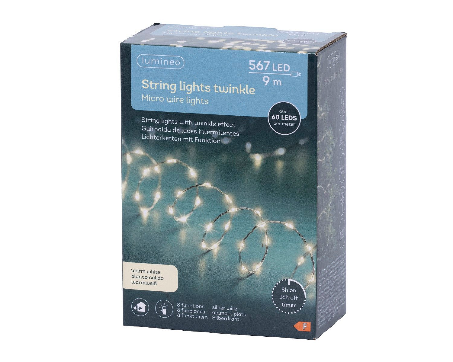 Lumineo LED-Lichterkette Lumineo Lichterkette STRING LIGHTS TWINKLE 567 LED 9 m, warm weiß, Indoor/Outdoor, 8 Licht-Modi, 8h-Timer, + 5 Meter