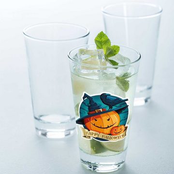 GRAVURZEILE Glas Wasserglas mit UV-Druck - Happy Halloween Kürbis Design, Glas, Stilvolle Halloween Dekoration - Kürbis mit Hexenhut