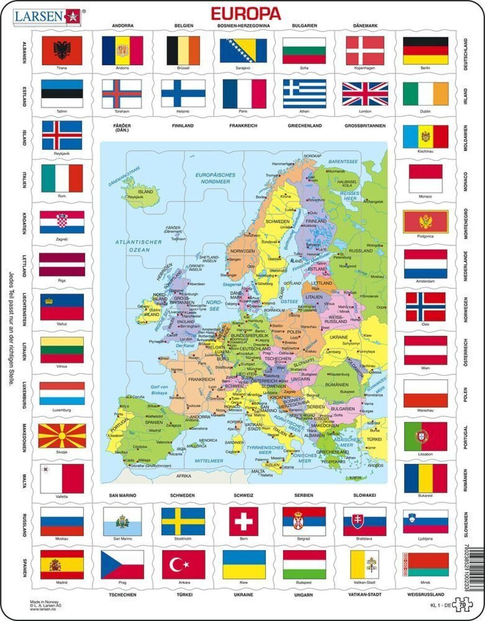 MEDIA VERLAG Puzzle Europa Länder + Flaggen (Kinderpuzzle) 99 Puzzleteile mehr
