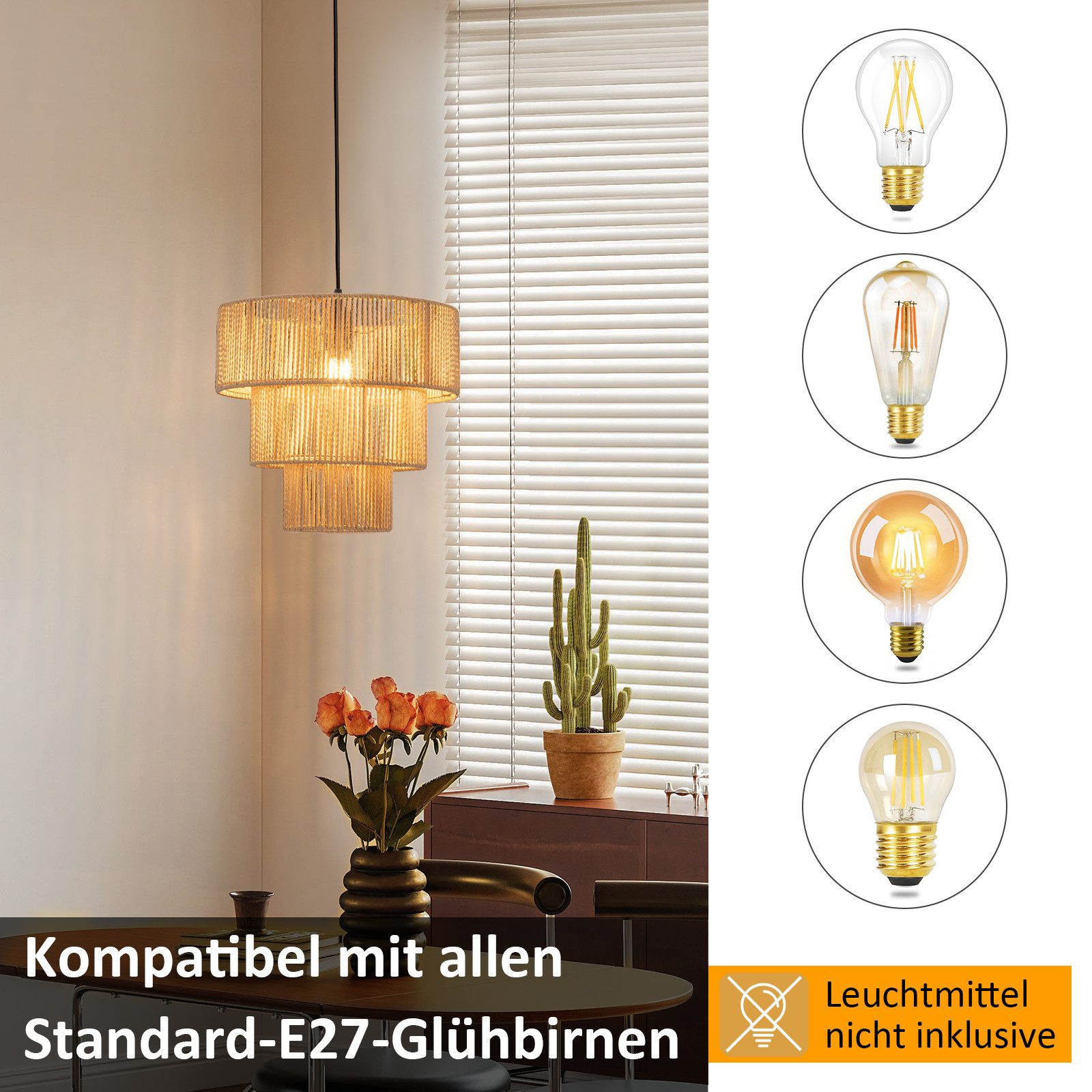 Nettlife Pendelleuchte Esstisch Rattan 150cm E27 1 flammig Retro Hängeleuch günstig online kaufen