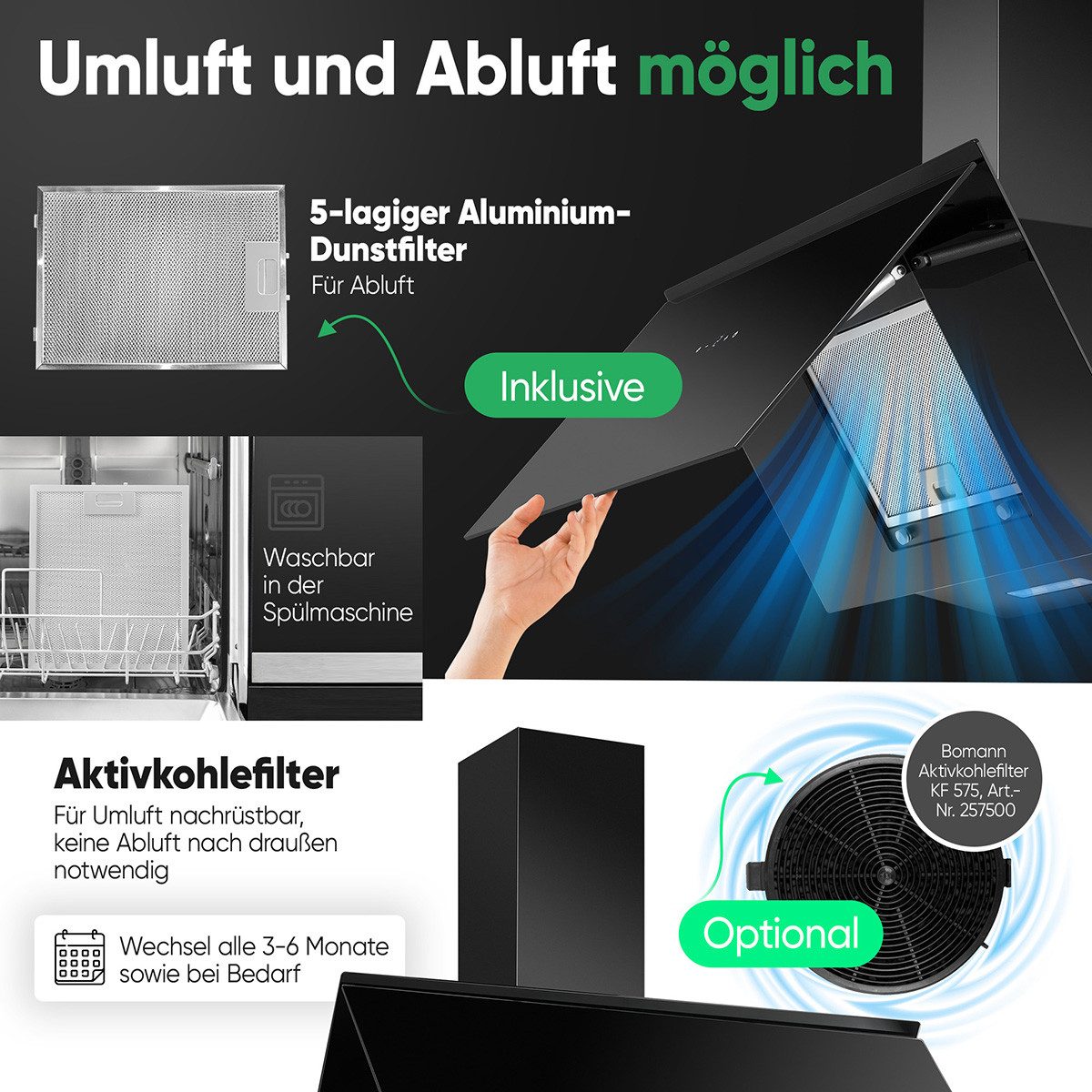 BOMANN Kopffreihaube DU 7612 G Dunstabzugshaube 80cm, für Umluft und Abluft – Bild 3 von 5