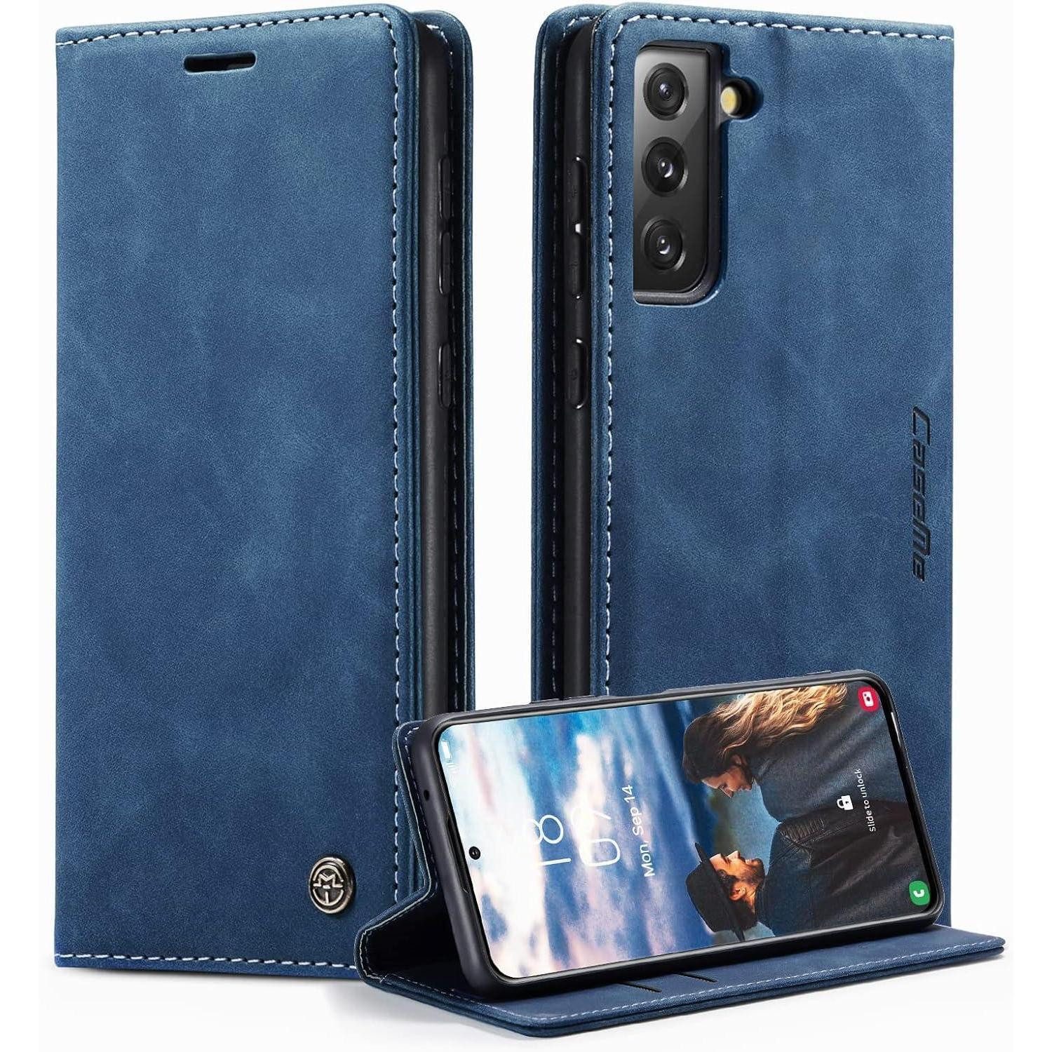 LuxusKollektion Flip Case Handyhülle Samsung Galaxy S21 FE 5G Leder Klapphülle Magnet Stand Blau
