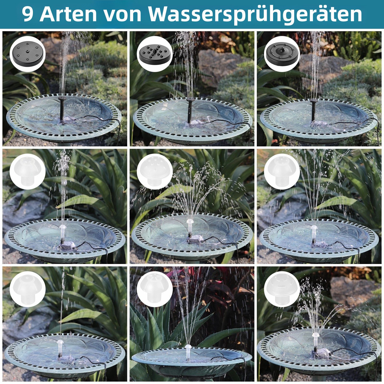 TLGREEN Solarpumpe Solar Teichpumpe, (190L/h Solar Springbrunnen,Solar Brunnenpumpen mit 1M Wasserleitung DIY, 9 Düsen, 3,25M Kabellänge, Solar Wasserpumpe), für Garten Teich Brunnen Wasserfall Pool
