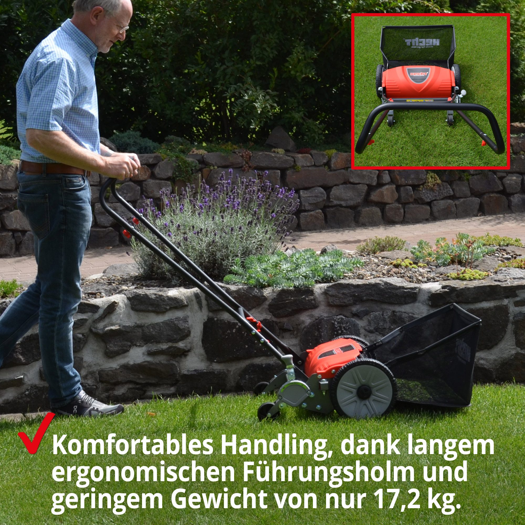 Hecht Spindelmäher 514 mit 50 Liter Fangkorb, 46 cm Schnittbreite, Spiralförmig aufgebrachte Messer, 9-fache Schnitthöhenverstellung