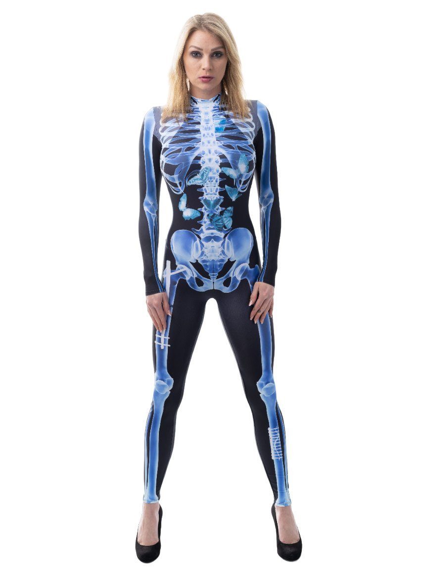 Metamorph Kostüm X-Ray Catsuit Kostüm, Hautenger Overall im leuchtend blauen Röntgen-Look